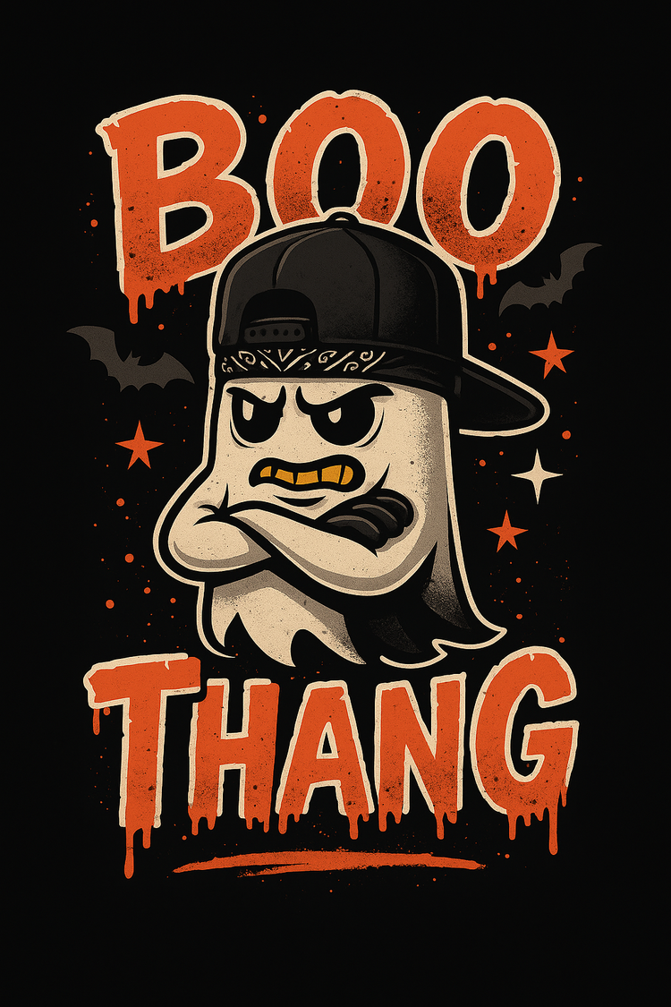 Streetwear Boo Thang ghost graphic with hood and mean expression, Halloween graffiti-style orange lettering.