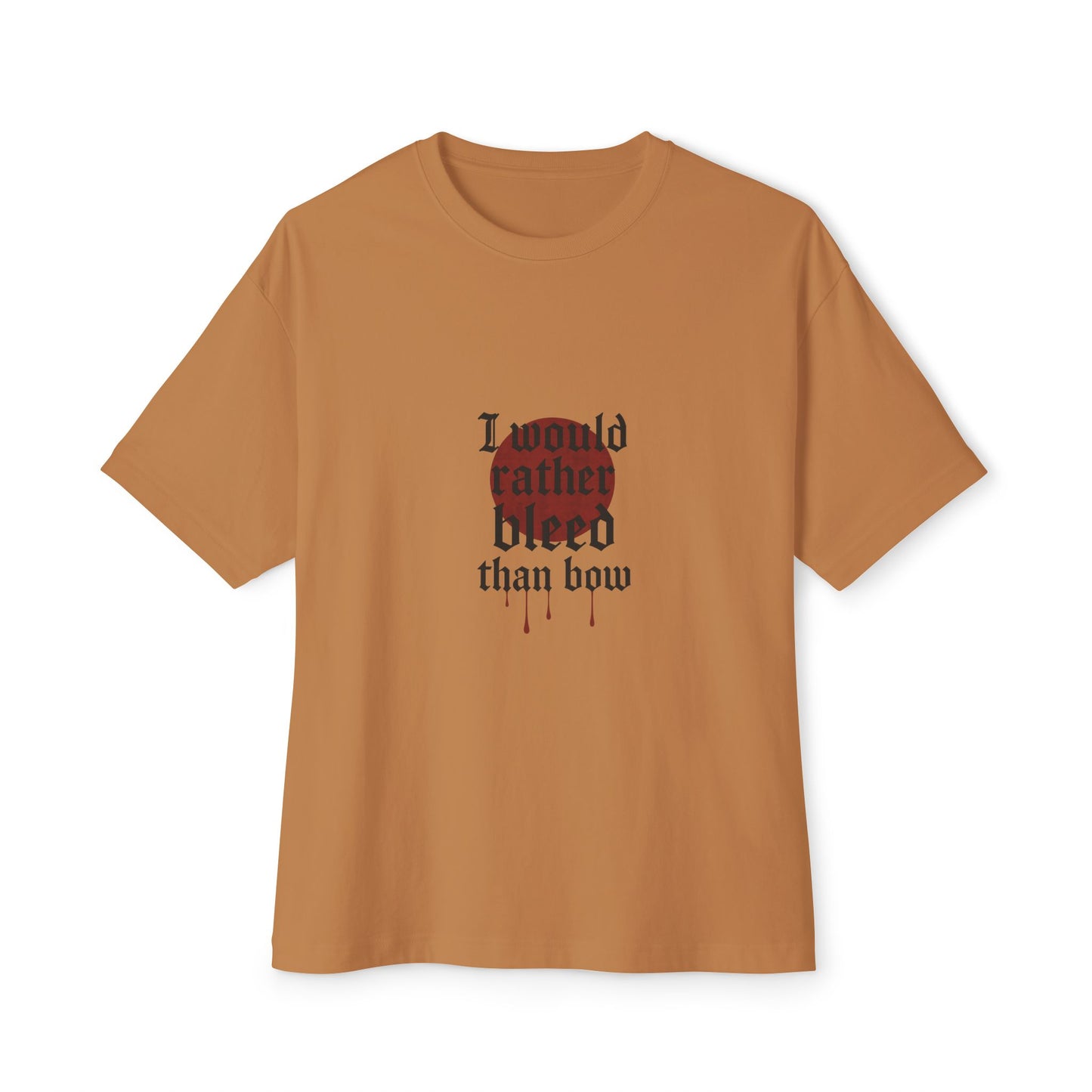 Brown t-shirt with black text and red design on a white background