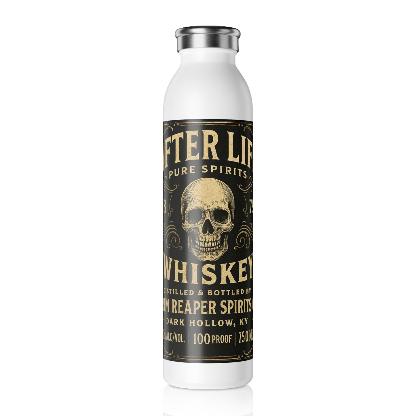 Gothic Slim Water Bottle with Whiskey Design, Stylish Gym Bottle, Trendy Hydro Flask, Perfect for Parties, Unique Gift Idea