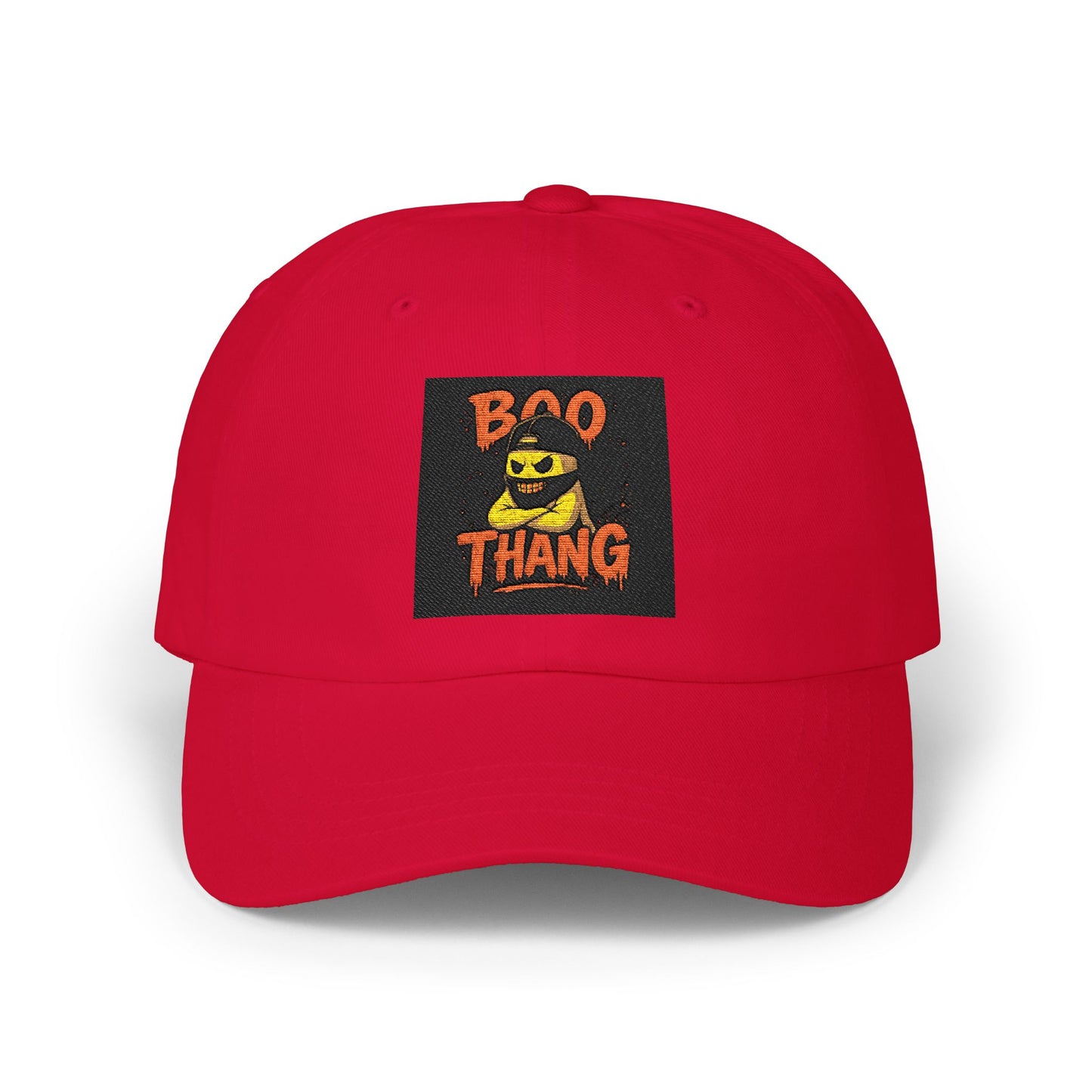 Red cap with 'Boo Thang' graphic on a white background