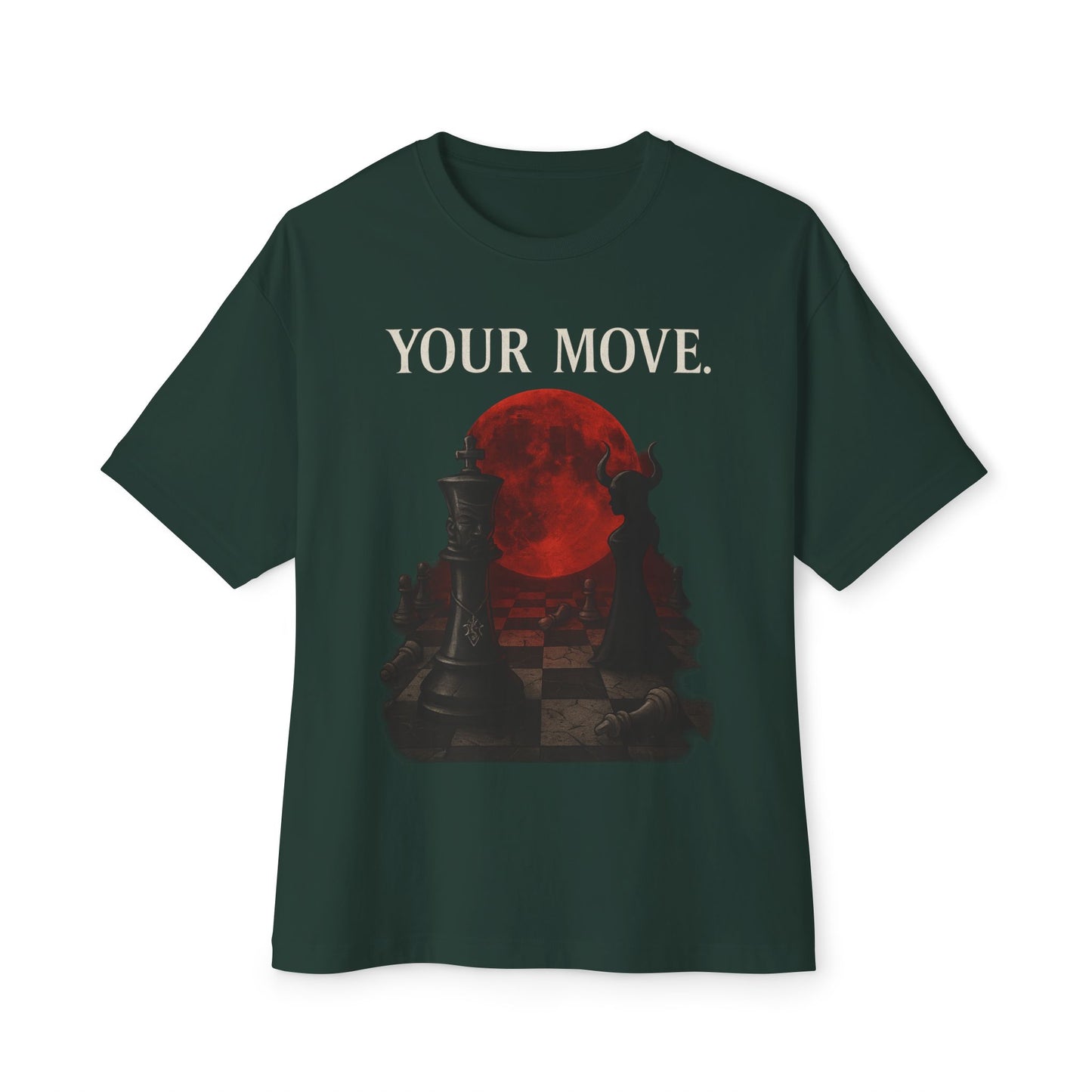 Dark green t-shirt with a red chess piece and 'YOUR MOVE.' text on a white background