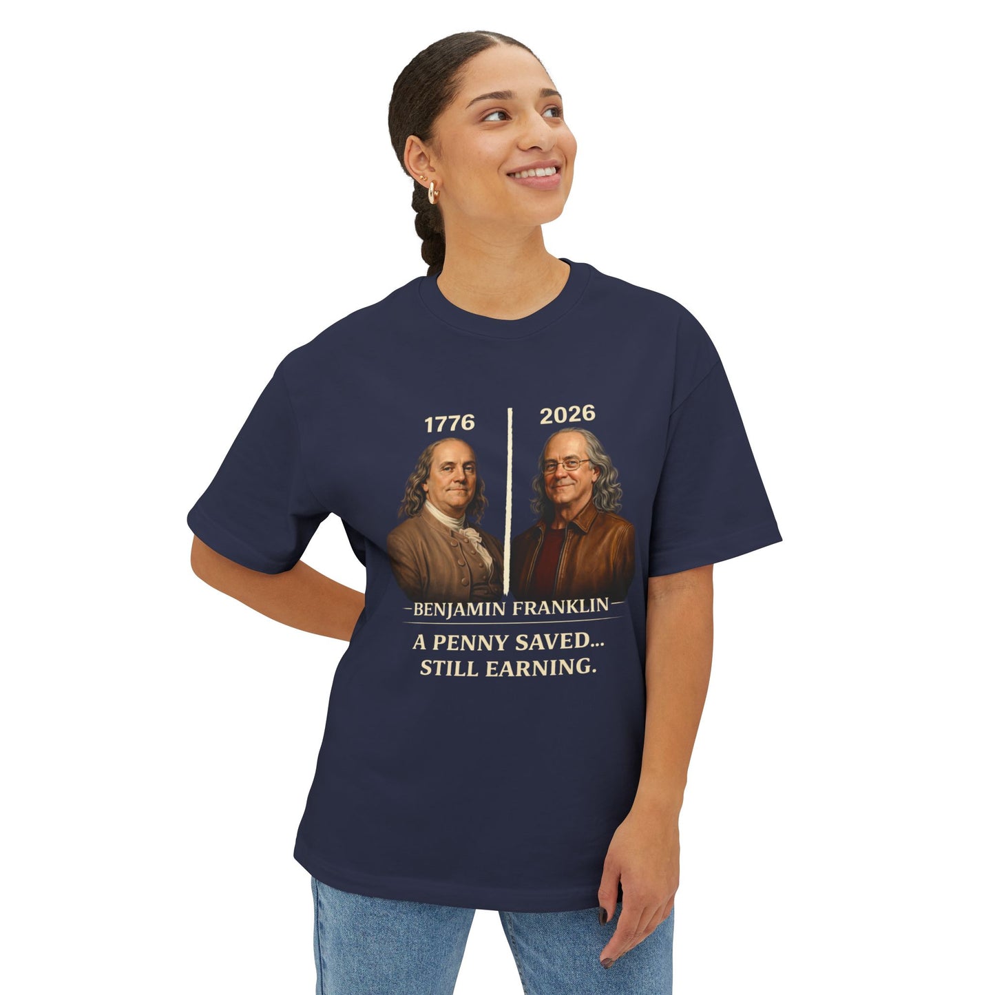 Female wearing a navy blue t-shirt with Benjamin Franklin graphic and text.
