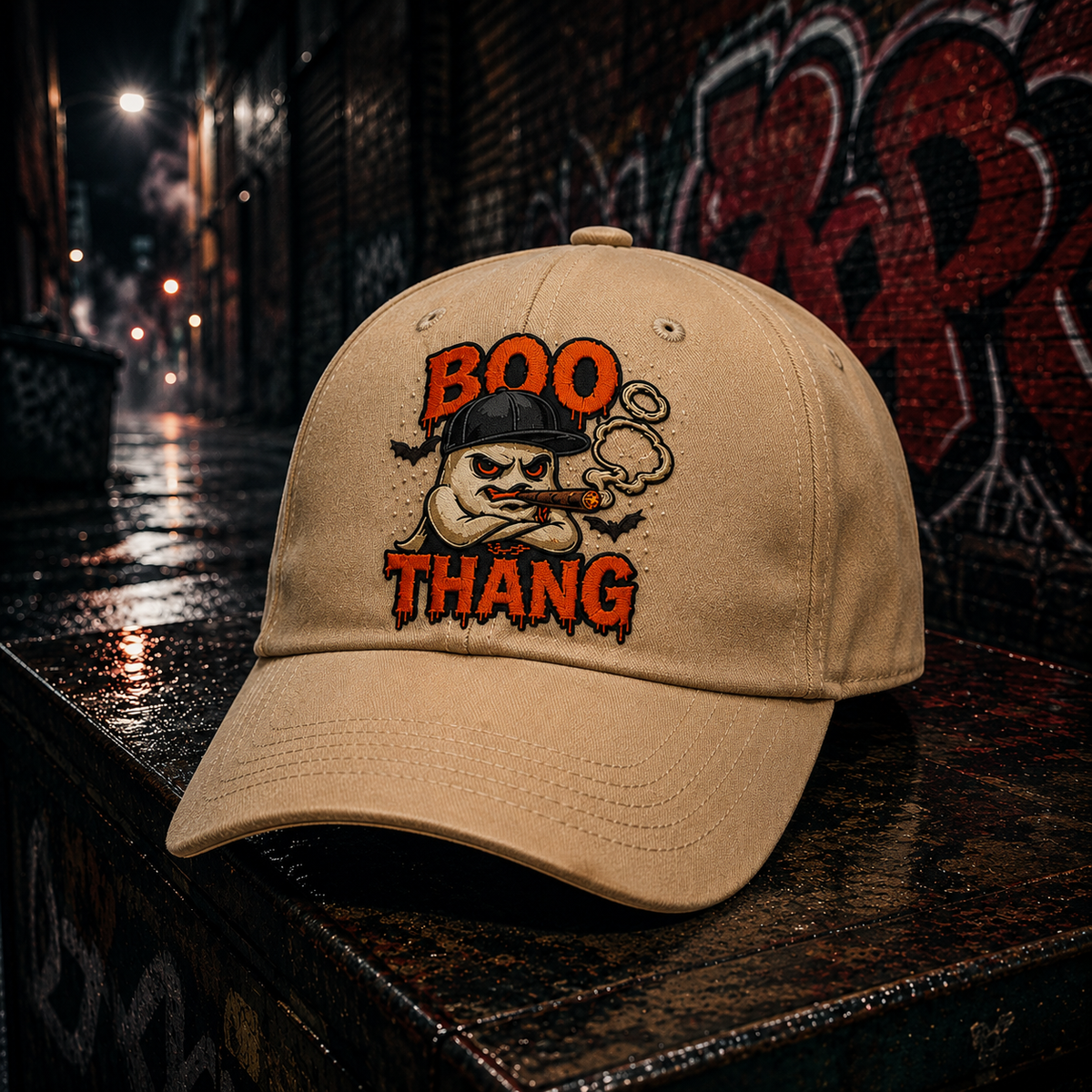 Boo Bastic khaki embroidered dad cap on dark urban surface with graffiti brick wall background, Boo Thang ghost character design in orange and black