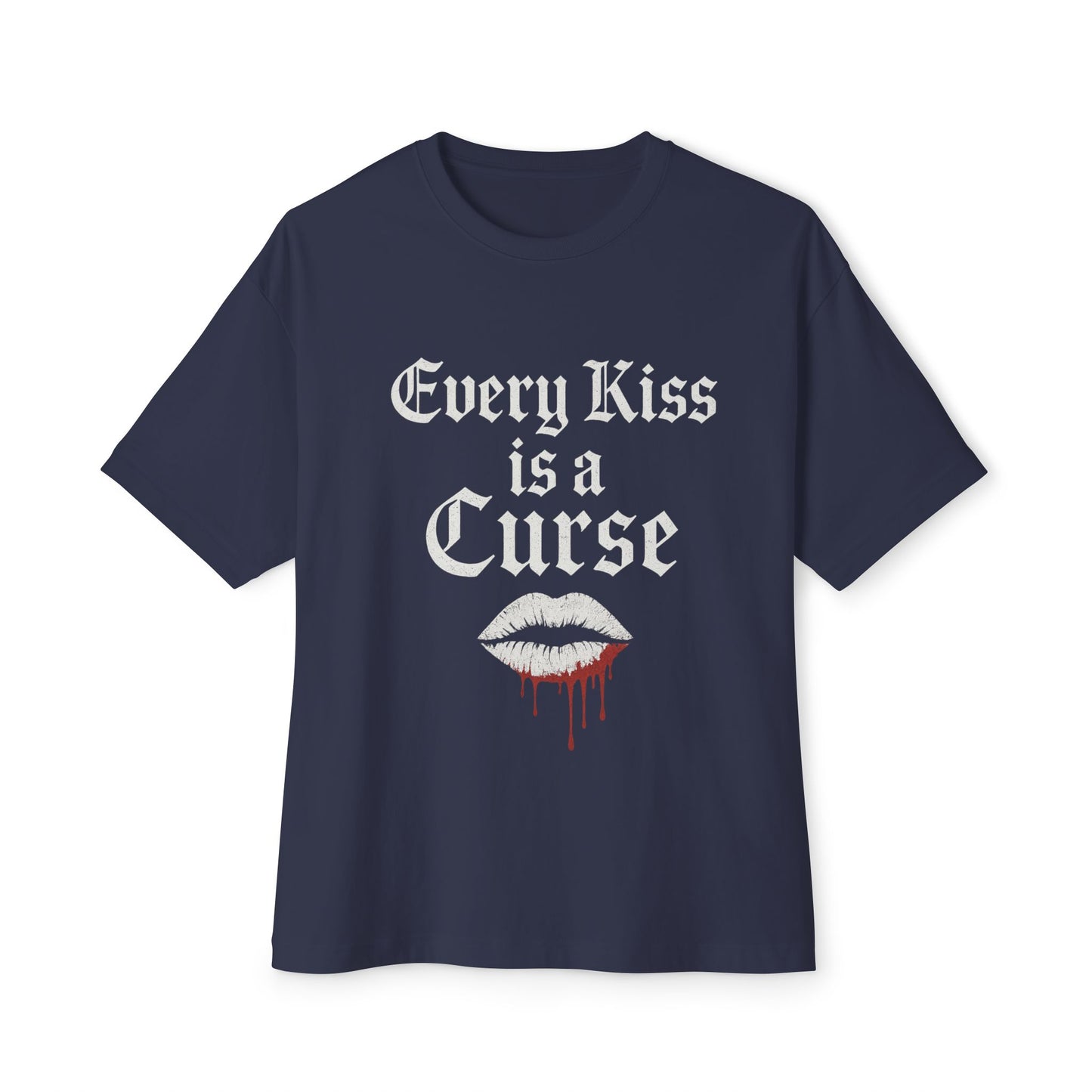 Navy blue t-shirt with 'Every Kiss is a Curse' text and lip graphic on a white background