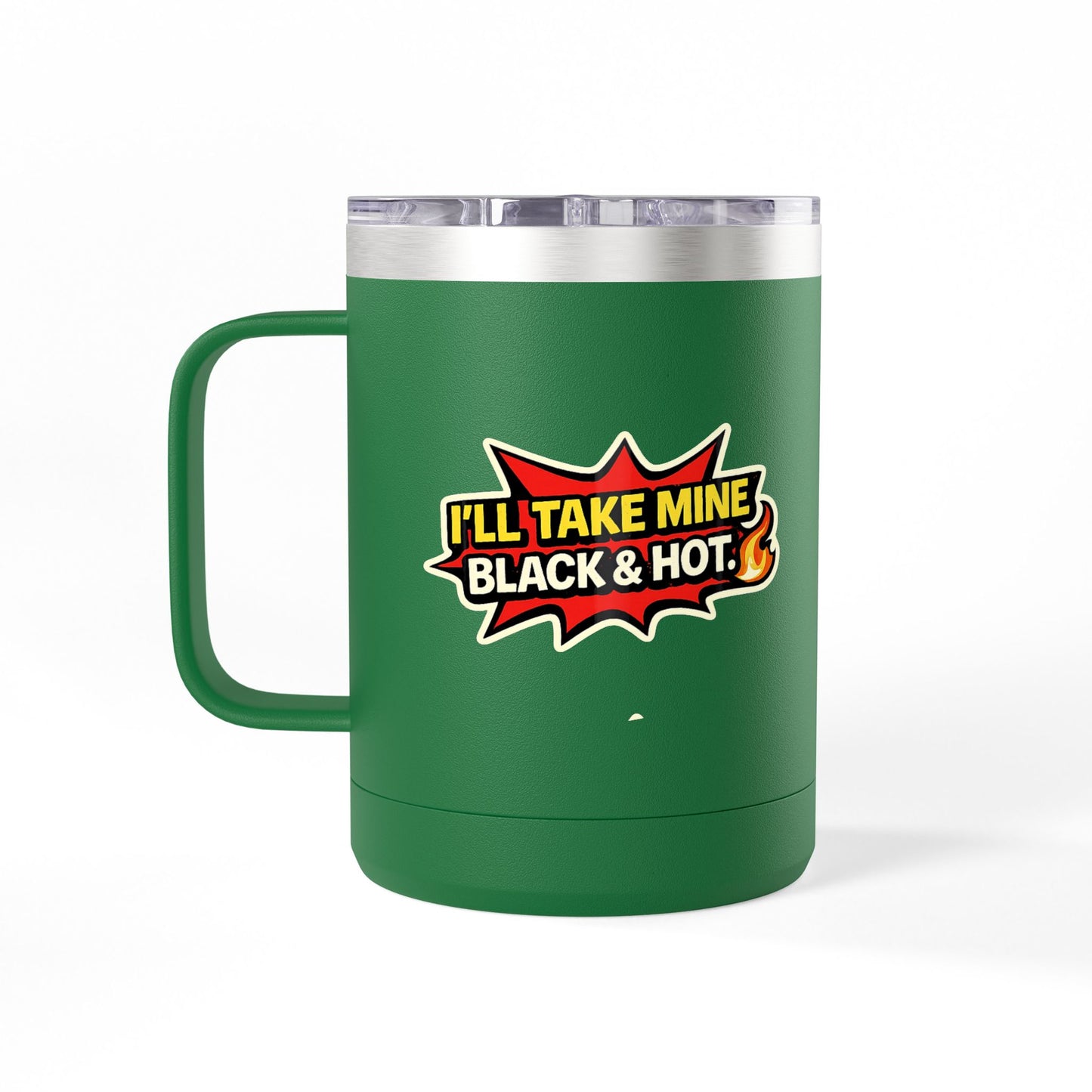 Green mug with a colorful graphic and text on a white background