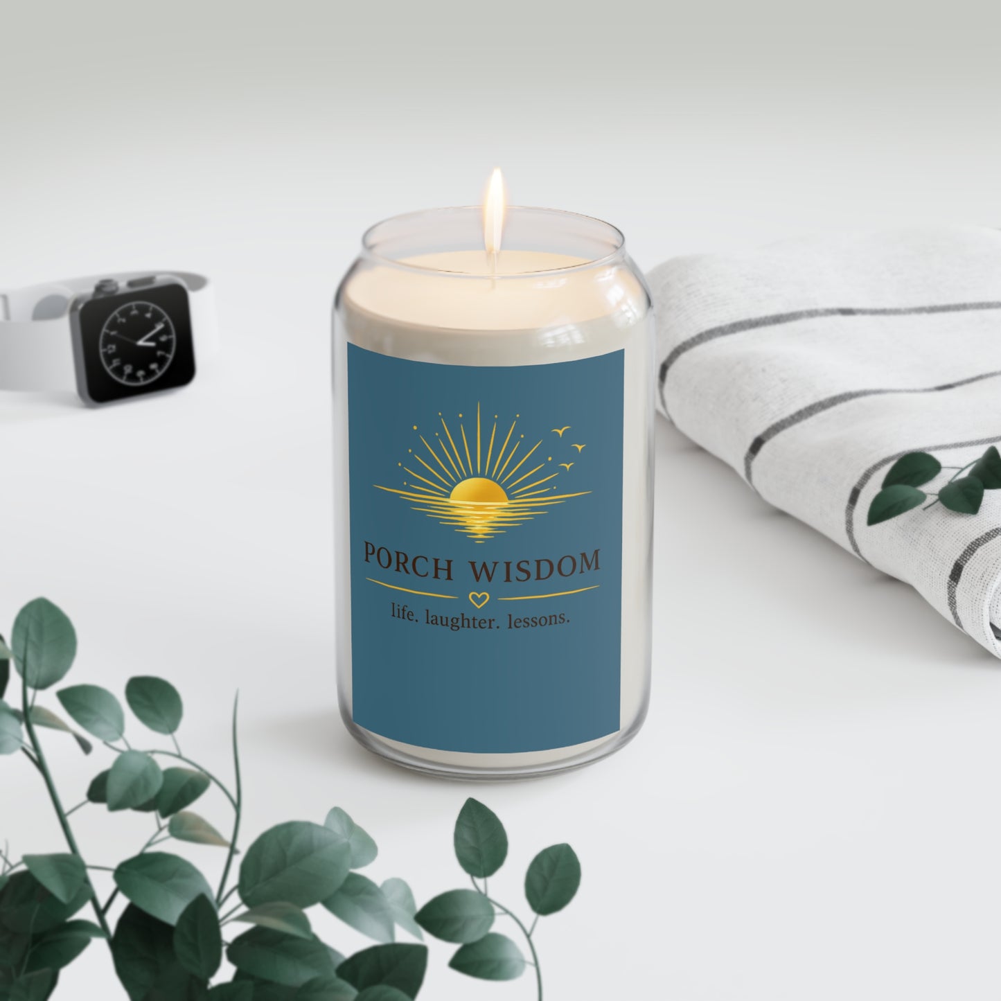 Porch Wisdom scented soy candle – live view with label