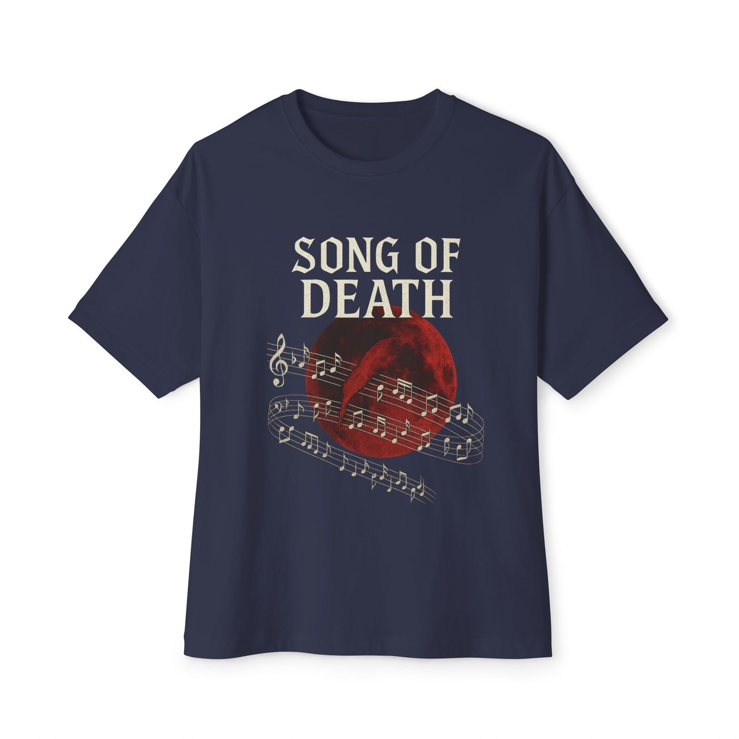 Navy blue t-shirt with 'Song of Death' text and musical notes on a white background