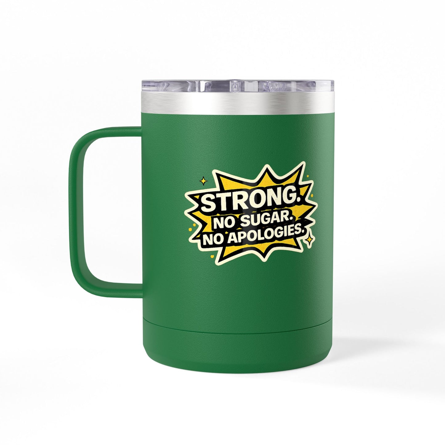 Green mug with a yellow and white logo on a white background