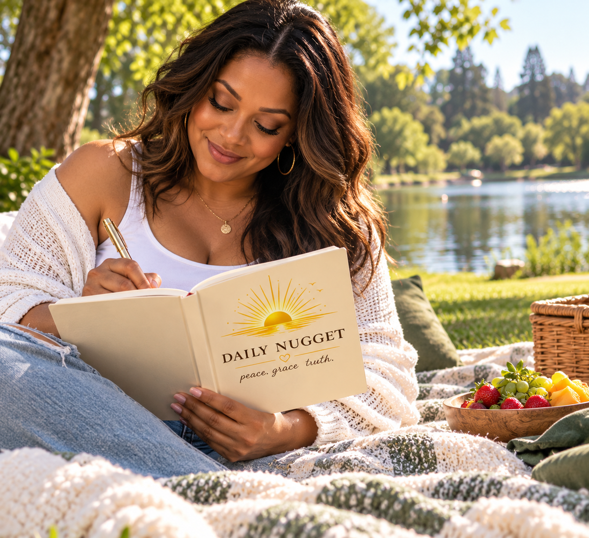 A woman sits outdoors by a lake on a blanket, reading a journal that says 'DAILY NUGGET' with a sun graphic and the words 'peace, grace, truth.' She wears a white knit cardigan and jeans, with a picnic basket and fruit nearby.