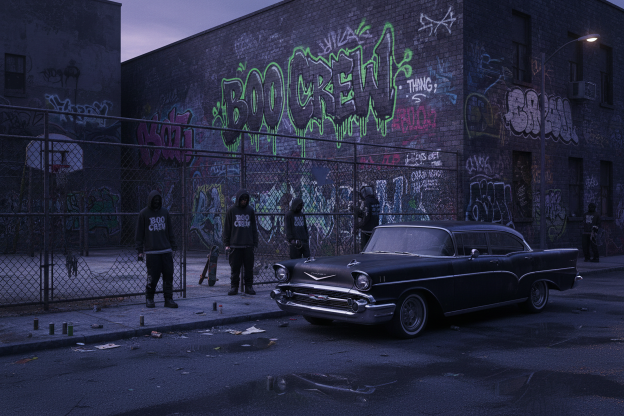 Streetwear Boo Thang ghost graphic with hood and mean expression, Halloween graffiti-style orange lettering.