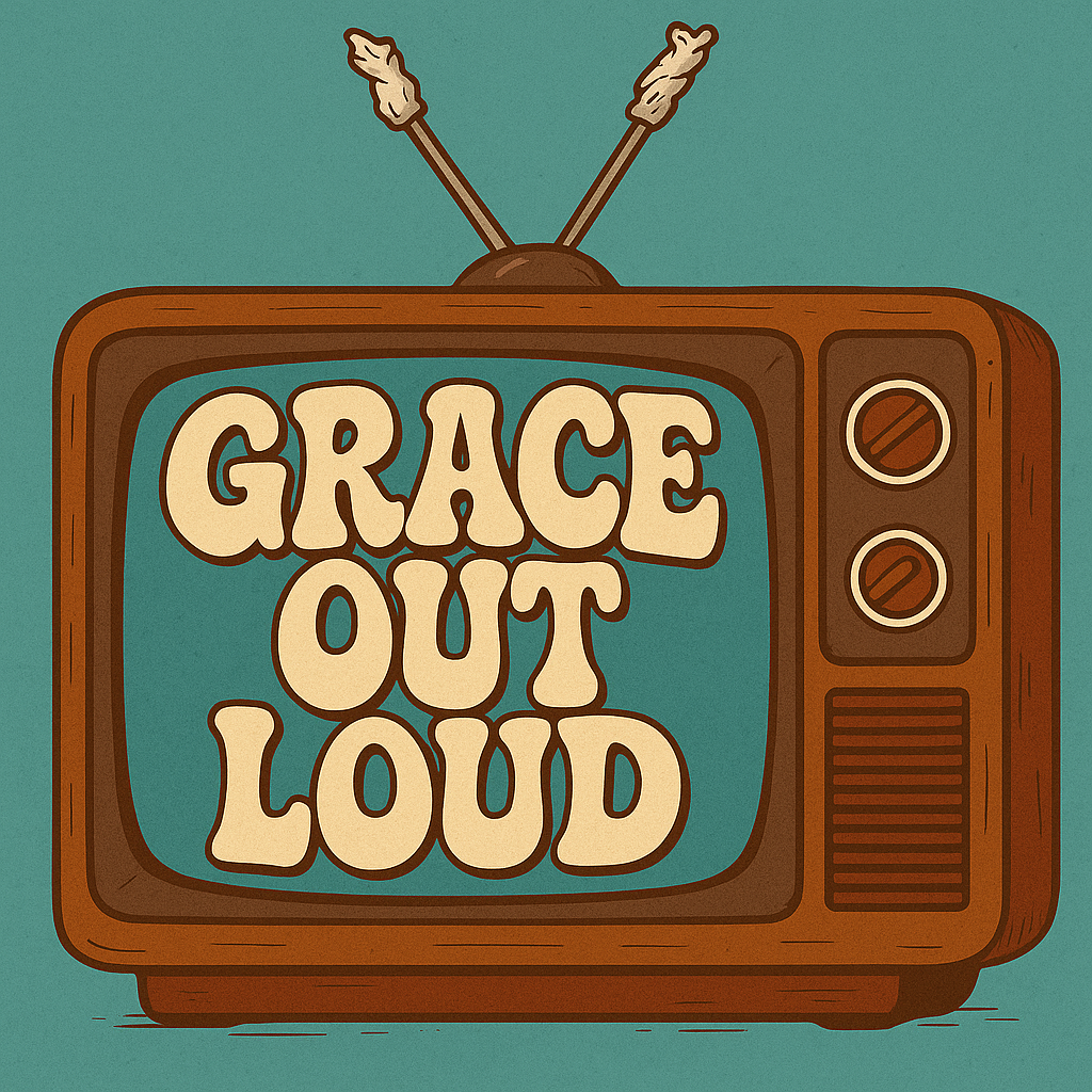 Grace Out Loud collection logo in retro TV screen design with teal background, gold text, and vintage style for faith and lifestyle apparel.
