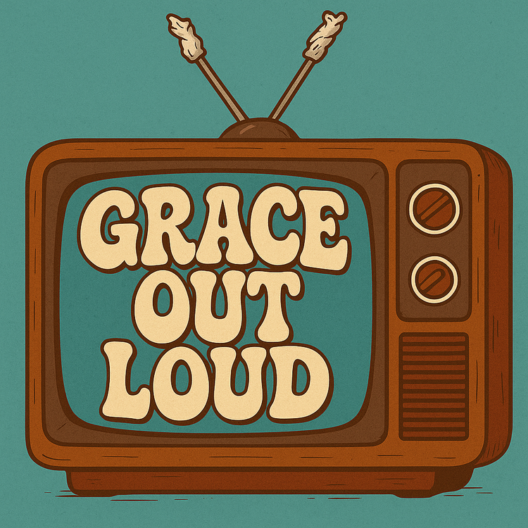 Grace Out Loud collection logo in retro TV screen design with teal background, gold text, and vintage style for faith and lifestyle apparel.