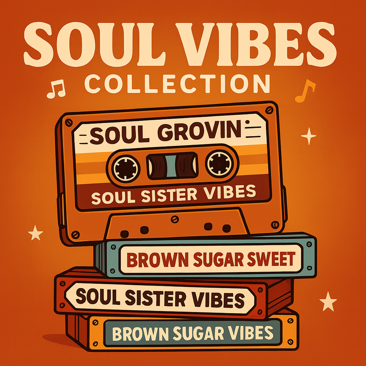 Soul Seasoned Collection featuring retro soul vibes, cassette tapes, and bold 70s lettering with warm