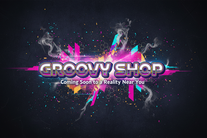 Groovy Shop Collection with retro record player and vinyl labels reading “Can’t Touch This,” “Funky Fresh,” “Hustle & Flow,” “Peace Love Soul,” “Respect the Drip,” and “Stay Golden” in 70s funk style.