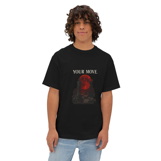 Person wearing a black t-shirt with 'YOUR MOVE' graphic design on a white background