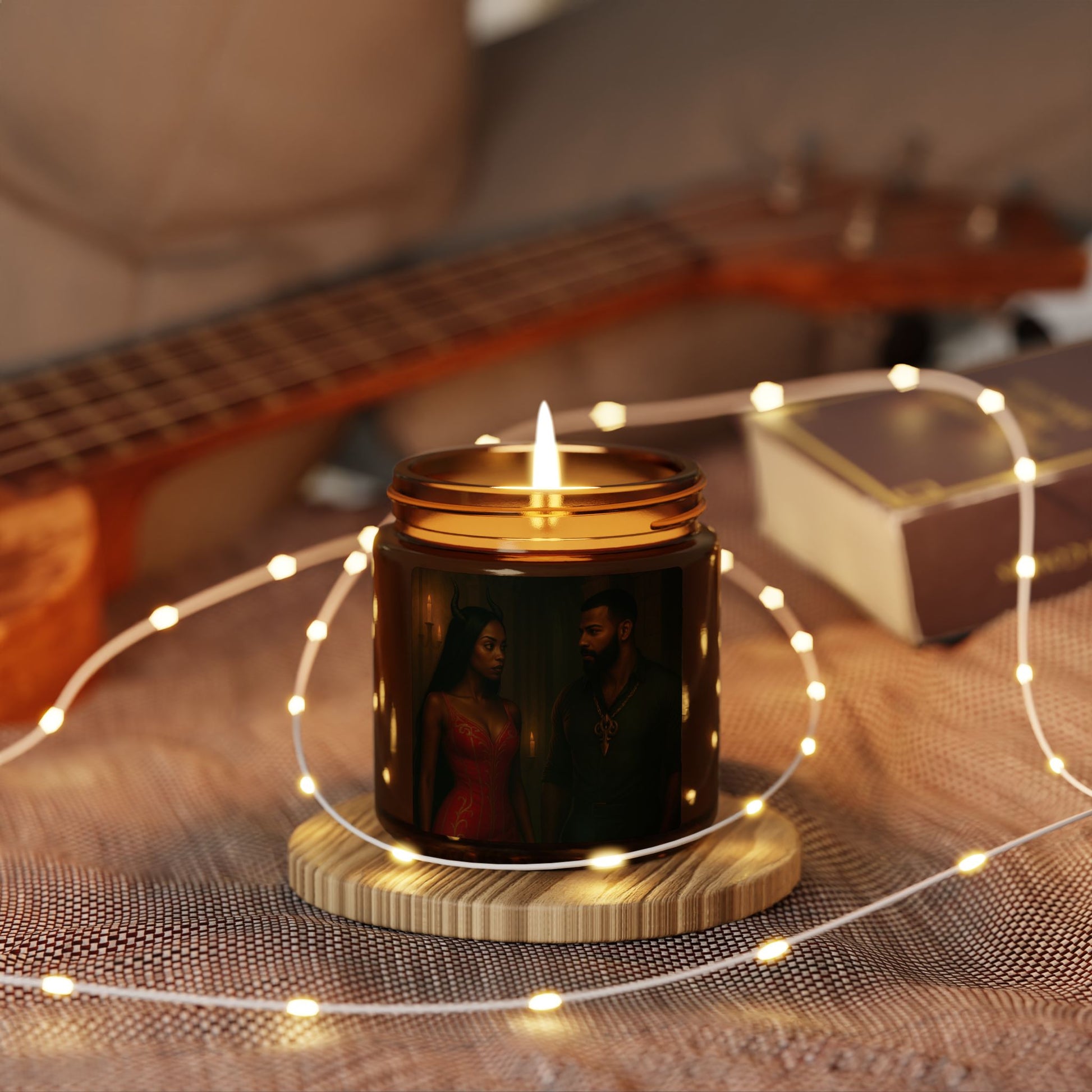Candle in a jar with a wooden coaster on a table with string lights and a guitar in the background