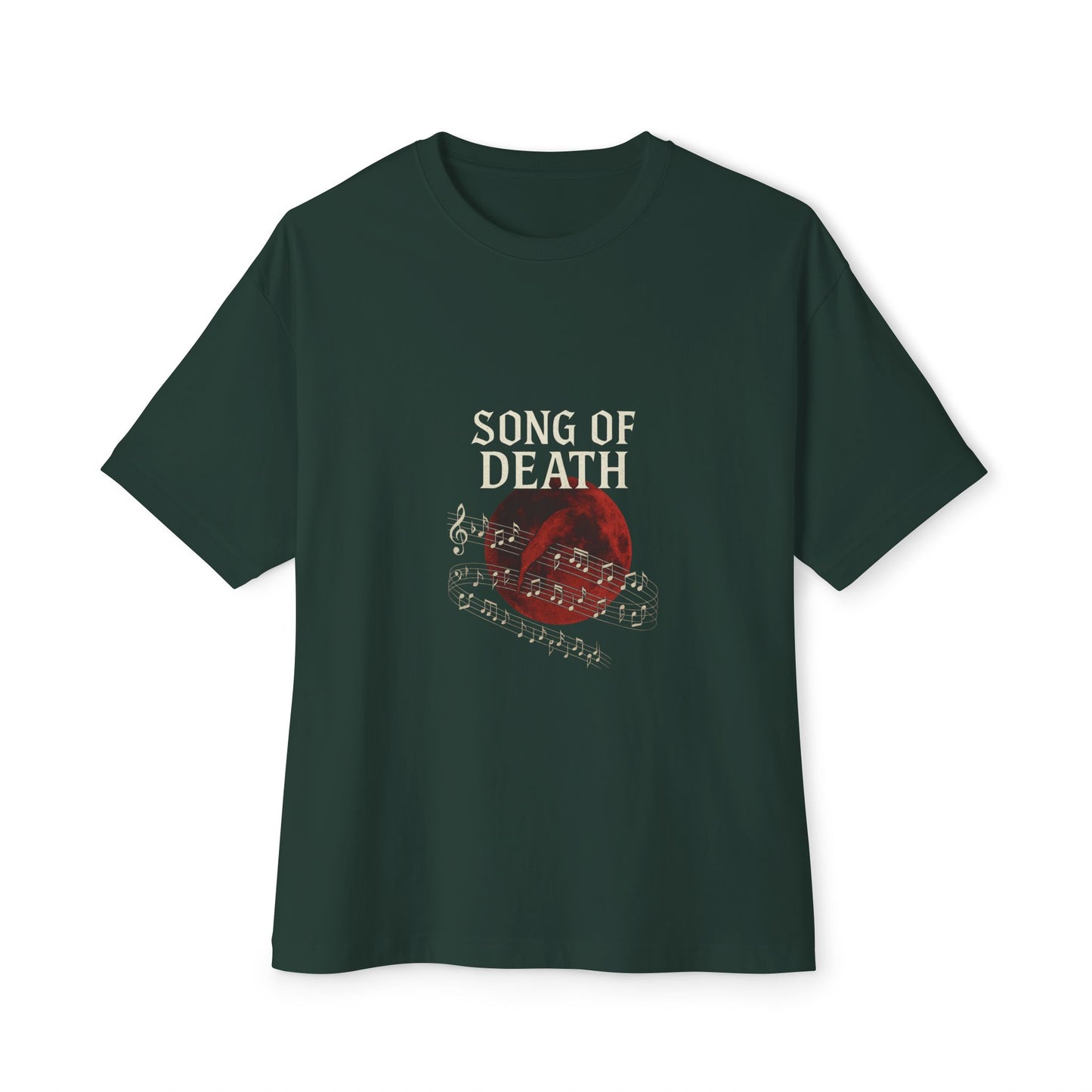 Dark green t-shirt with 'Song of Death' graphic design on a white background