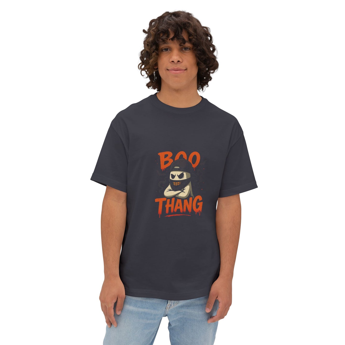 Person wearing a dark gray t-shirt with 'BOO THANG' graphic design on a white background