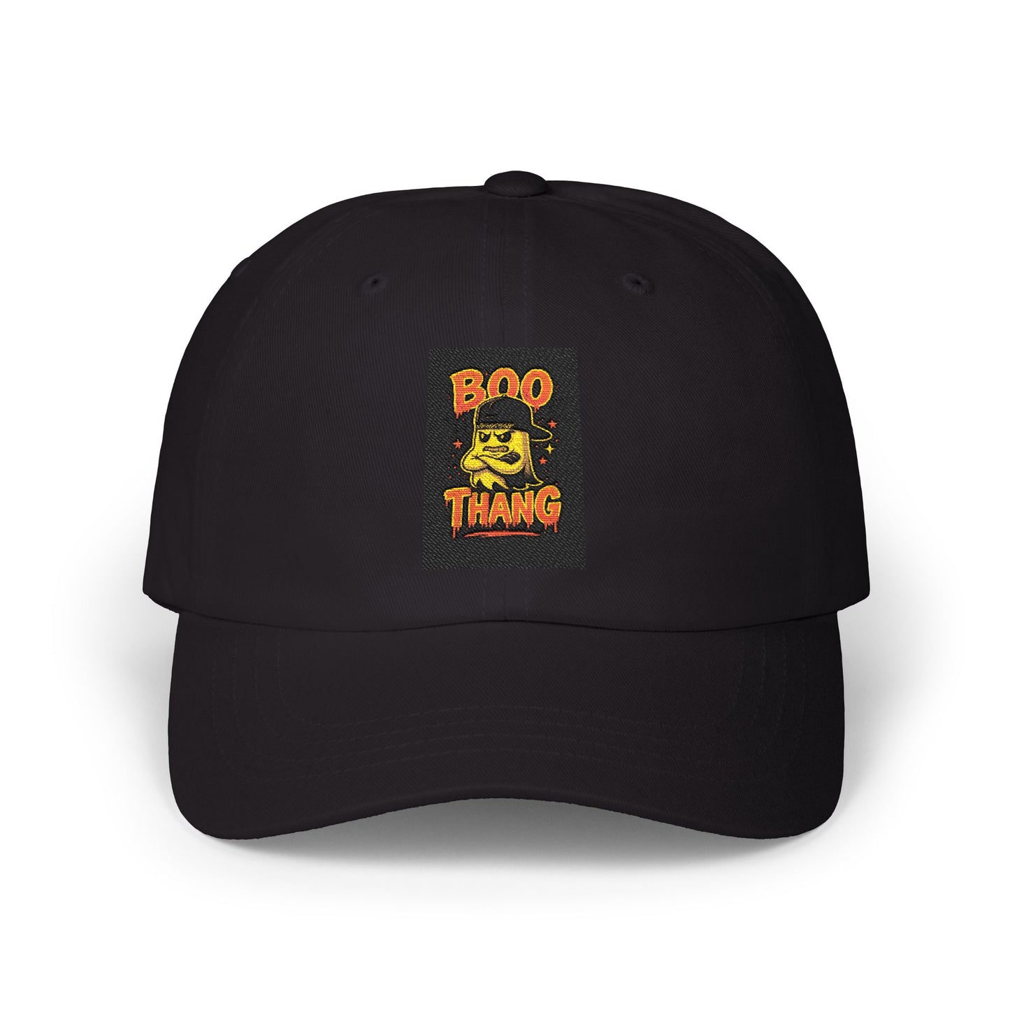 Black cap with 'BOO THANG' design on a white background