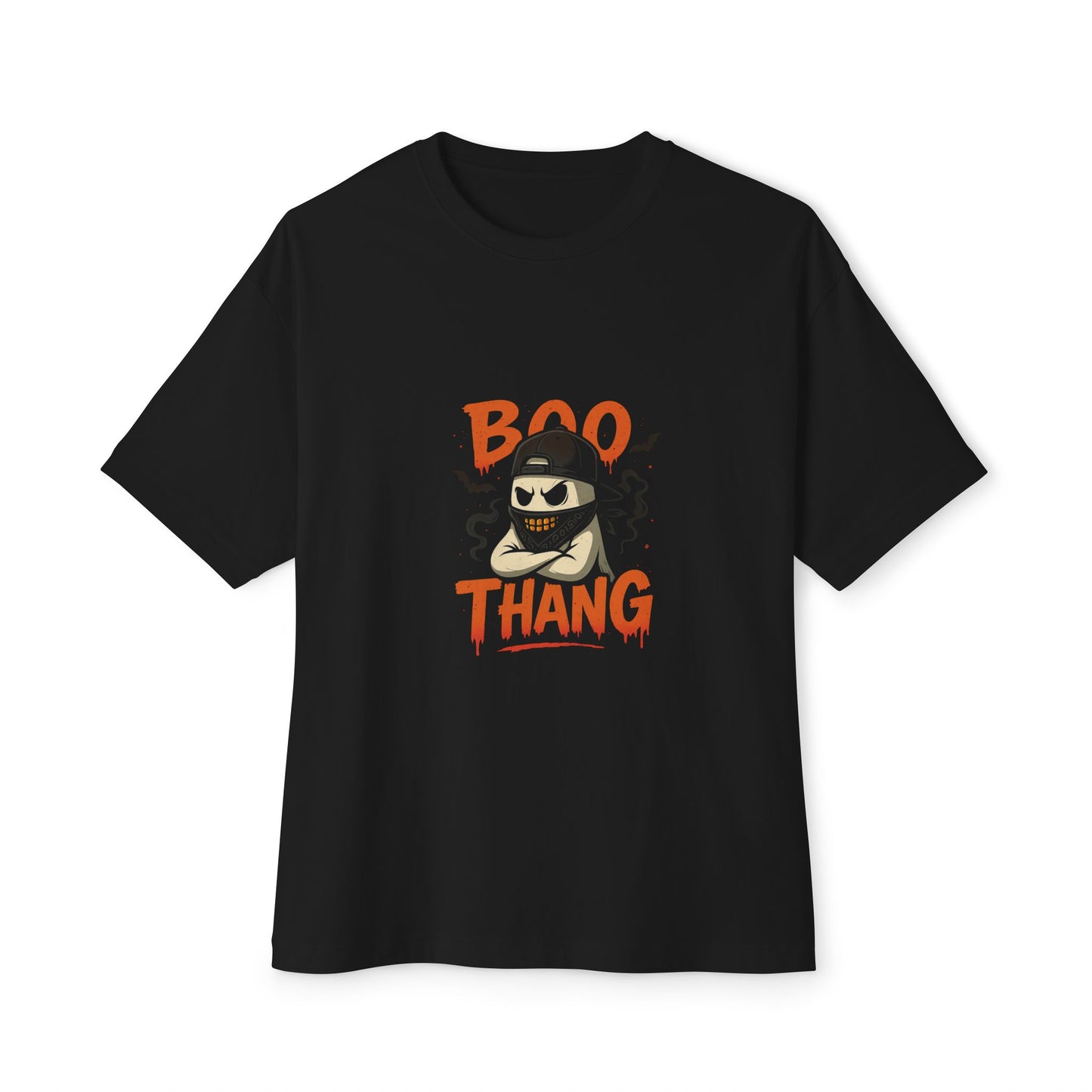 Black t-shirt with 'BOO THANG' graphic design on a white background