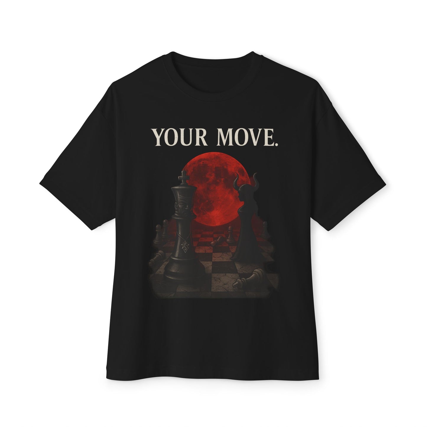 Black t-shirt with 'YOUR MOVE' text and red graphic on a white background