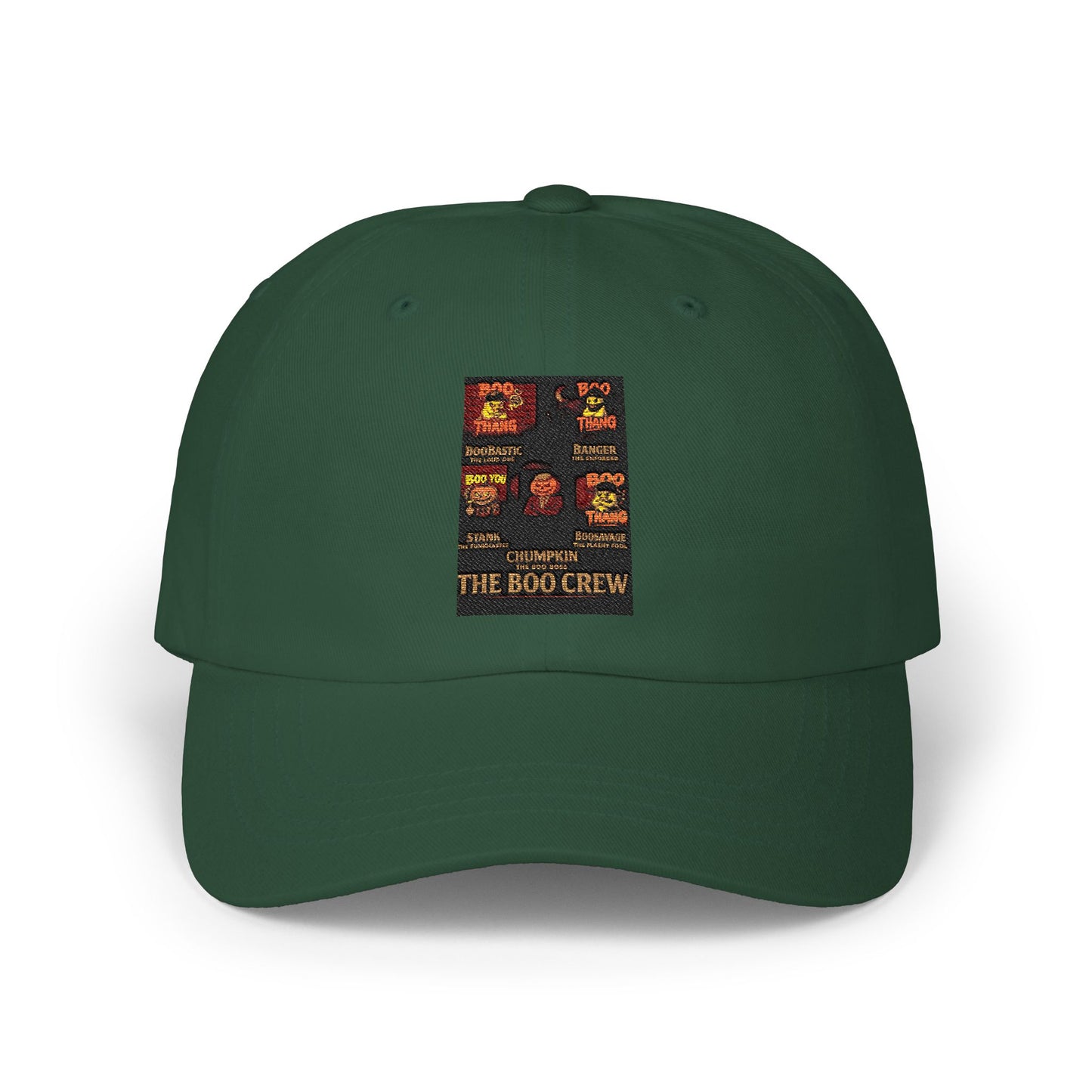 Green cap with a patch featuring 'The Boo Crew' design on a white background