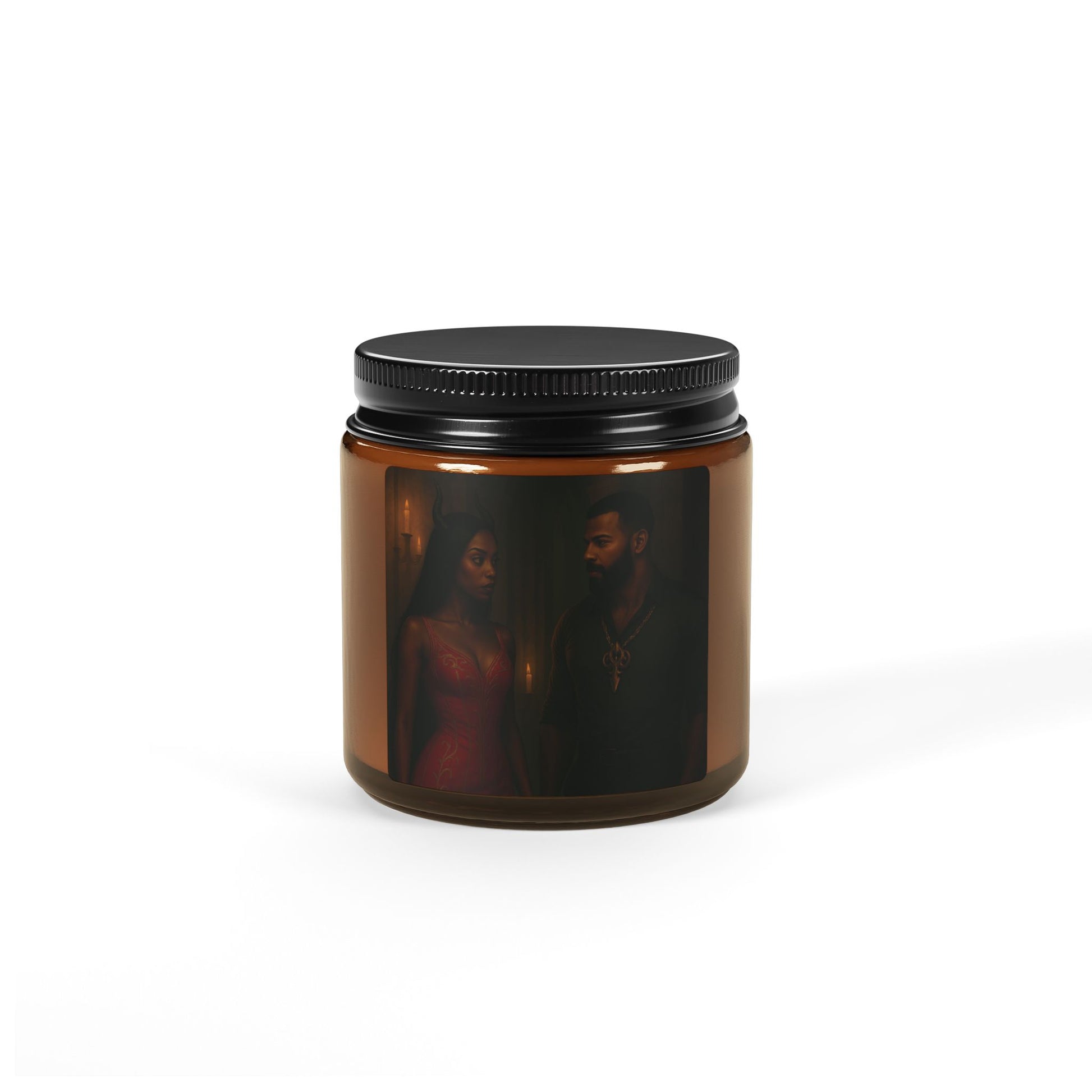 Brown candle jar with black lid on a white background