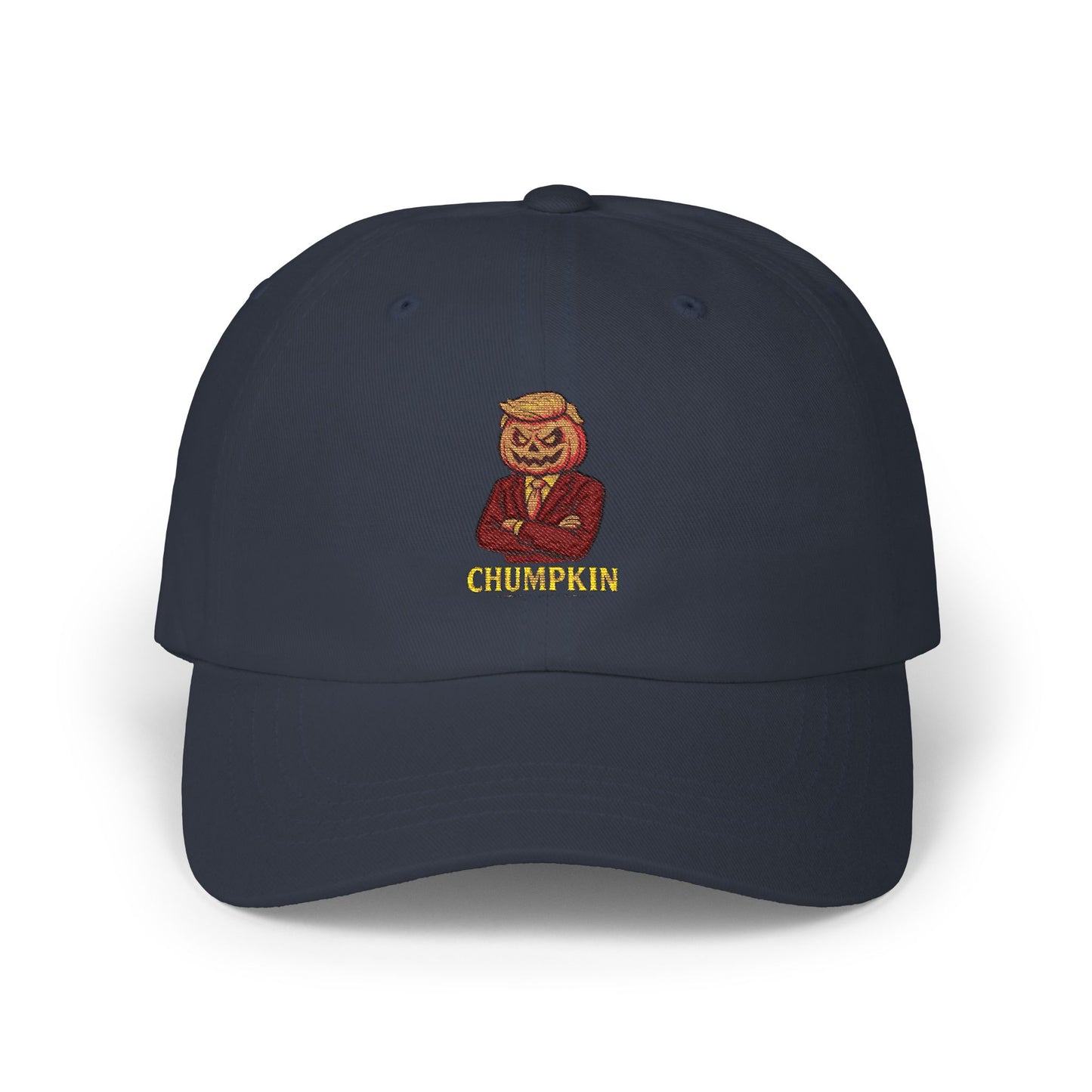 Navy blue cap with a pumpkin wearing a suit and tie and 'CHUMPKIN' text on a white background