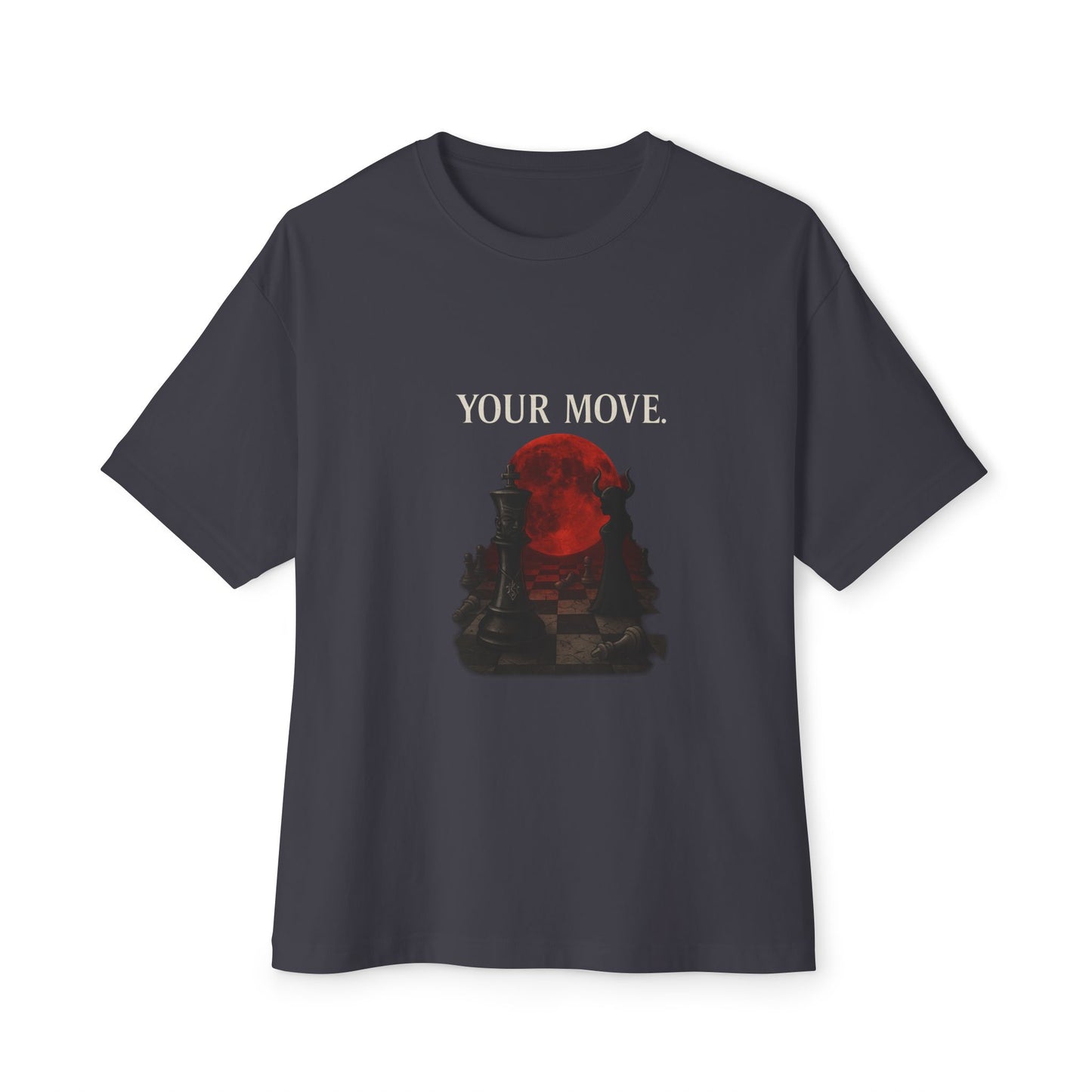 Black t-shirt with a graphic design and 'YOUR MOVE.' text on a white background