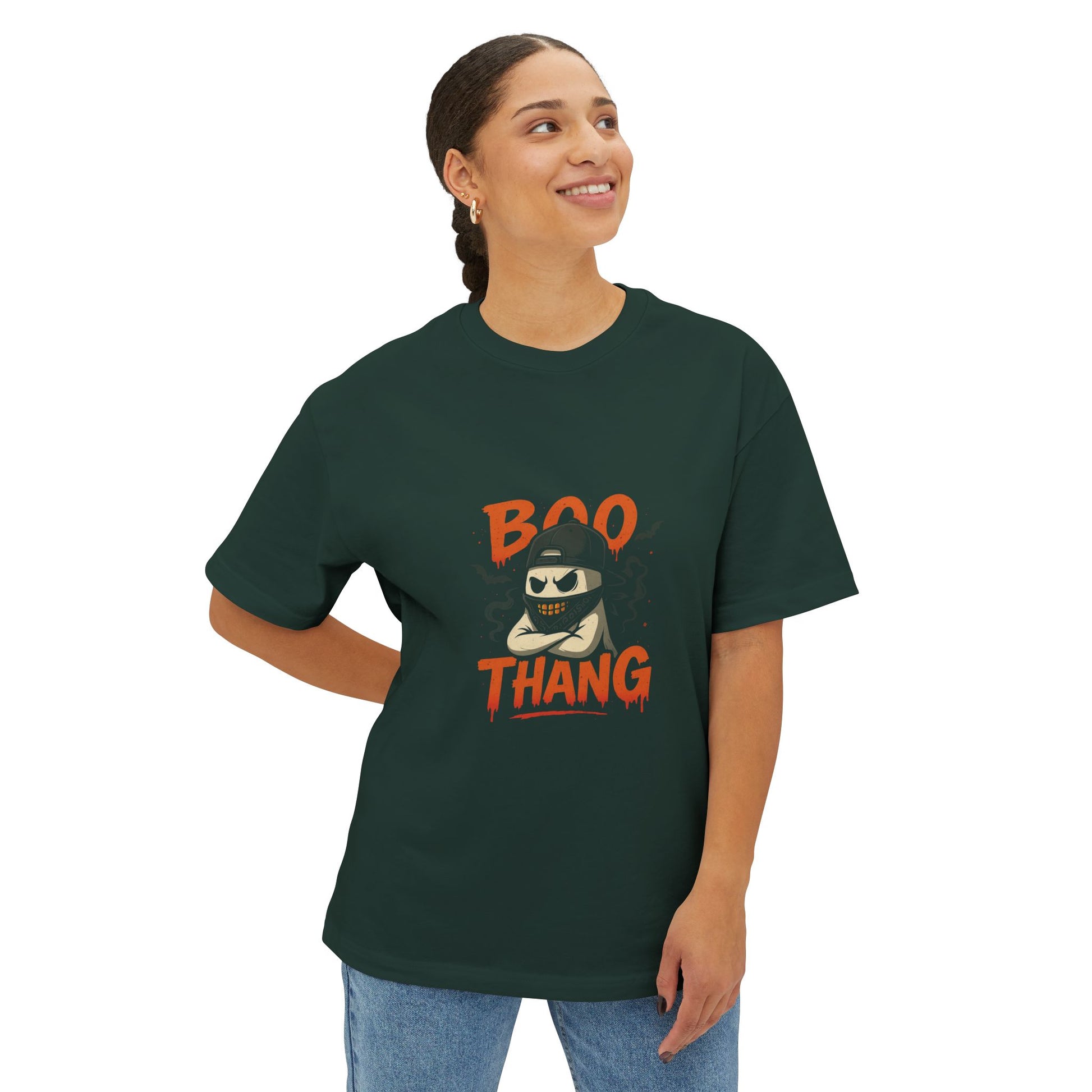 Person wearing a green t-shirt with 'BOO THANG' graphic design on a white background