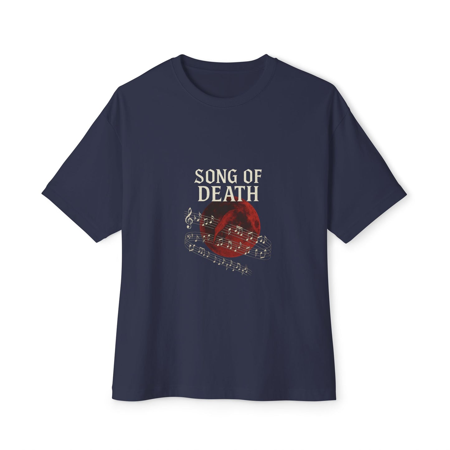 Navy blue t-shirt with 'Song of Death' graphic design on a white background