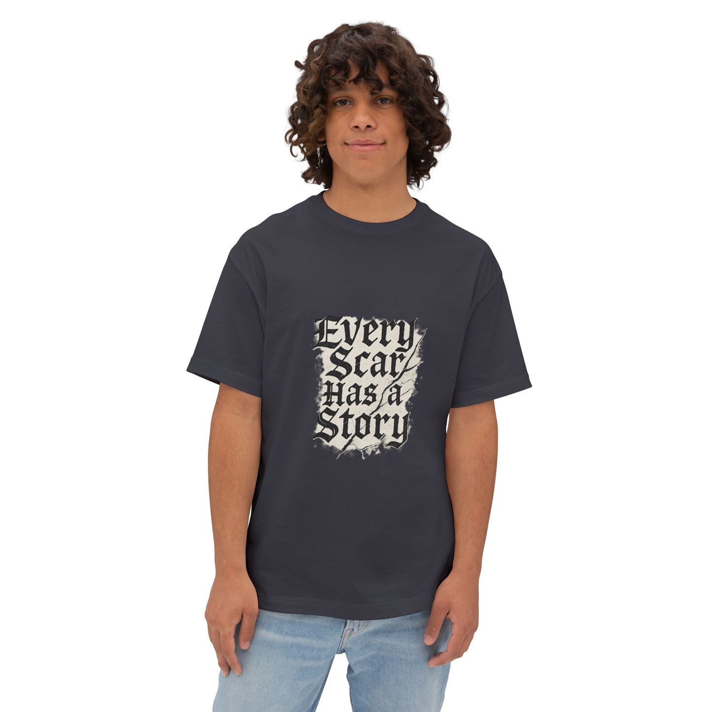 Person wearing a dark gray t-shirt with 'Every Scar Has a Story' text on a white background