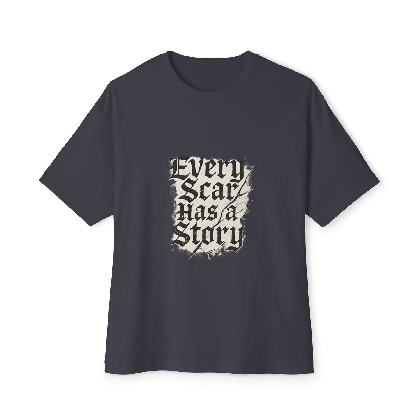 Gray T-shirt with 'Every Scar Has a Story' text on a white background