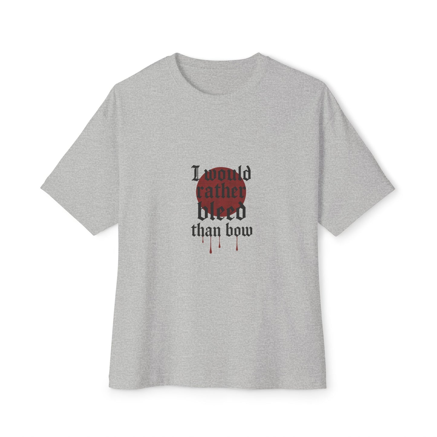 Gray t-shirt with a graphic design and text on a white background