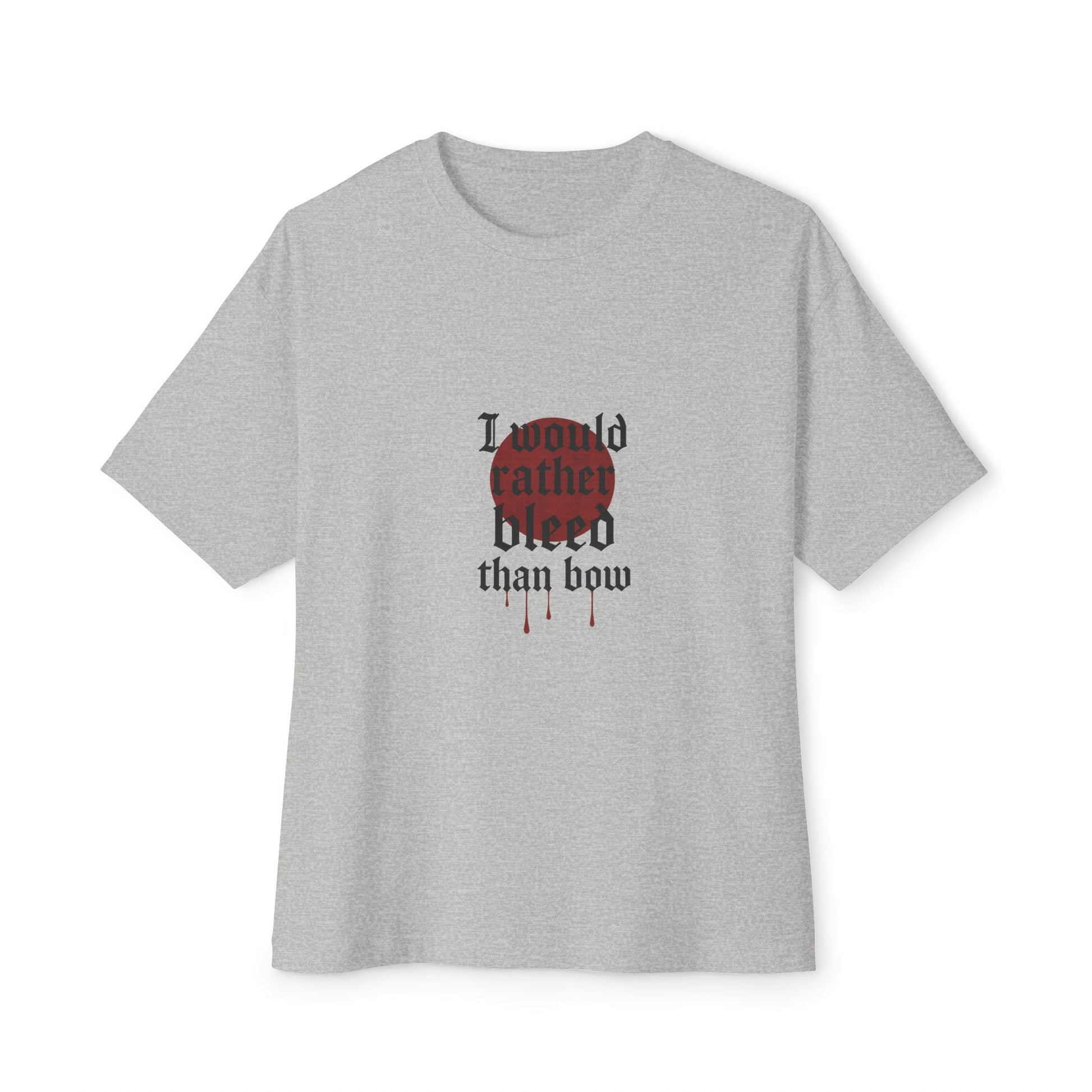 Gray t-shirt with a graphic design and text on a white background