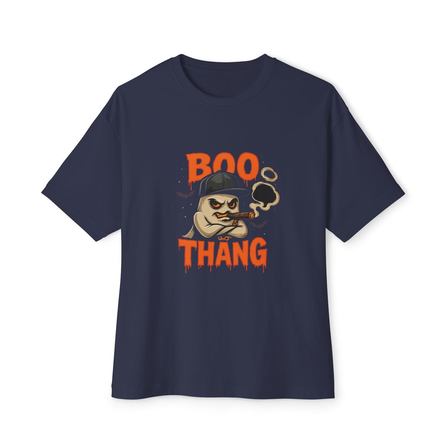 Navy blue t-shirt with a graphic design featuring text and a character on a white background