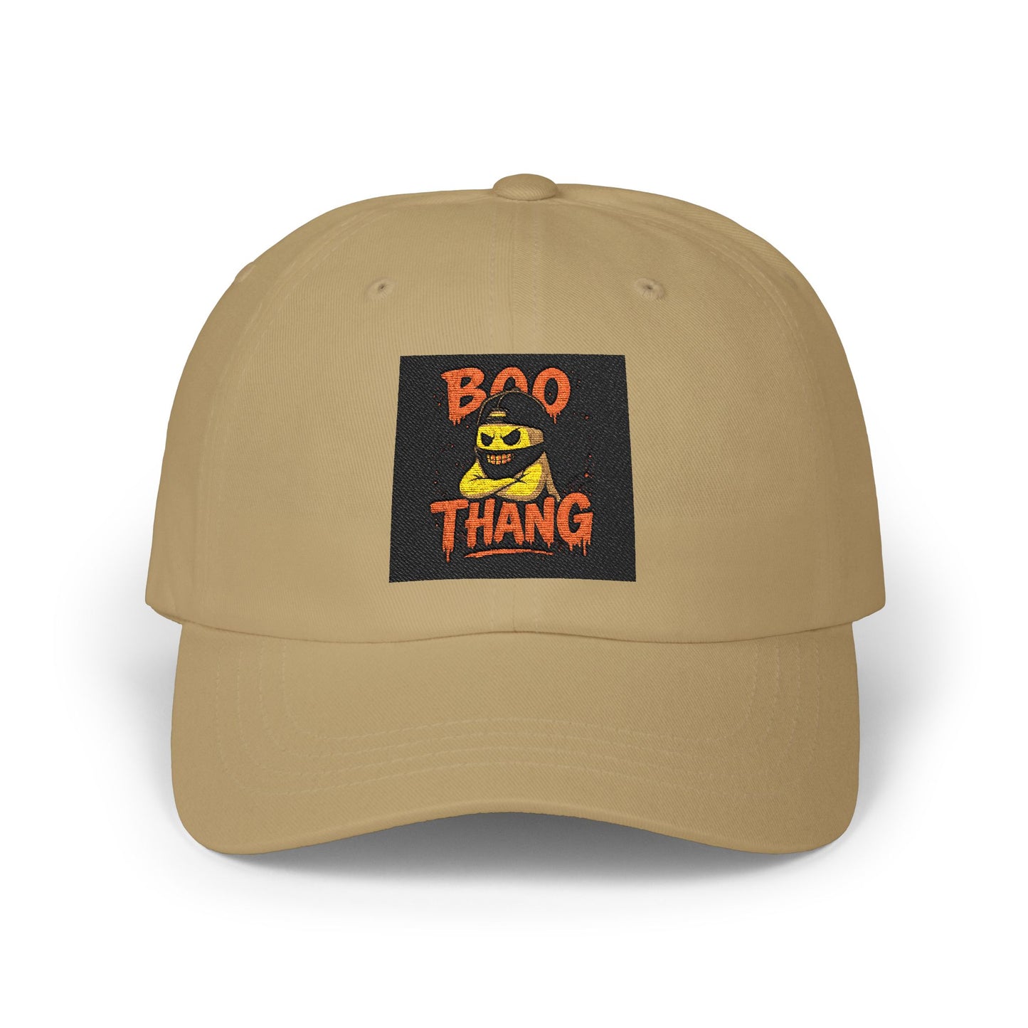 Beige cap with a 'Boo Thang' patch on a white background