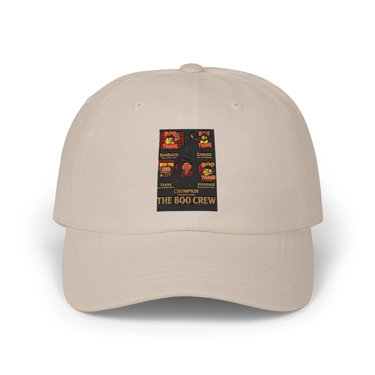 Beige cap with a patch featuring text and graphics on a white background
