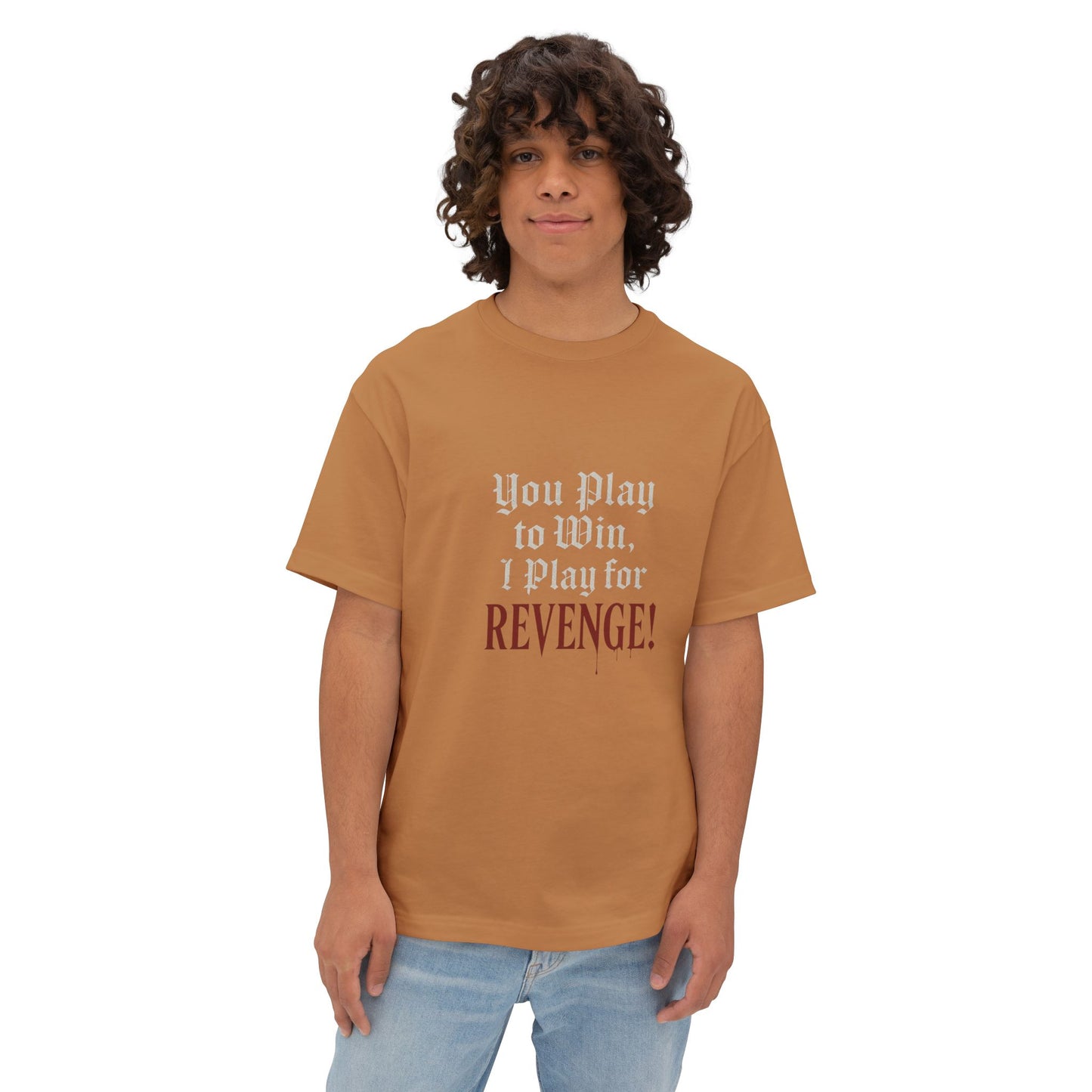 Person wearing a brown t-shirt with text on a white background