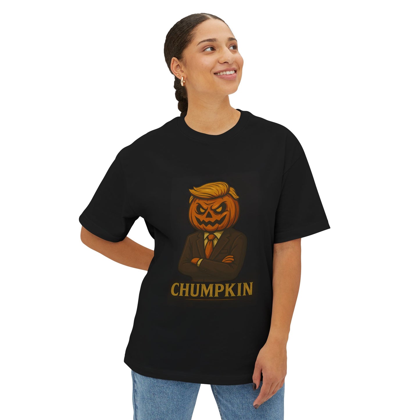 Person wearing a black t-shirt with a pumpkin face design and 'CHUMPKIN' text on a white background