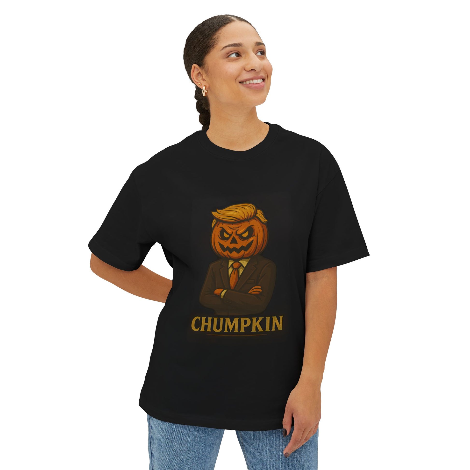 Person wearing a black t-shirt with a pumpkin face design and 'CHUMPKIN' text on a white background