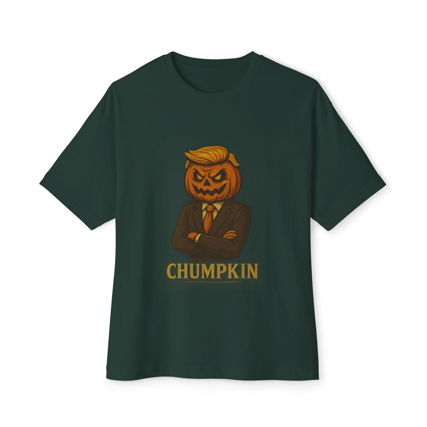 Green t-shirt with a pumpkin head design and 'CHUMPKIN' text on a white background