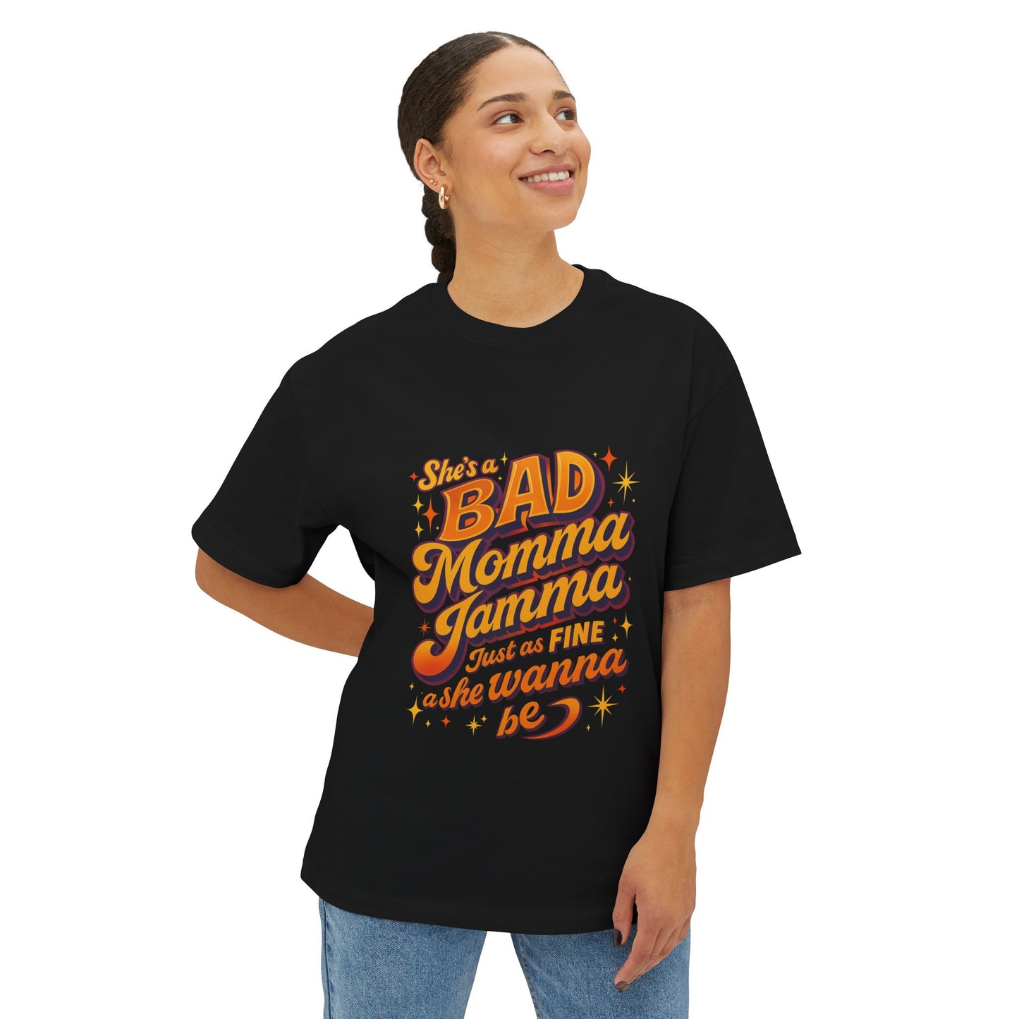 Bad Momma Jamma Retro Script Tee — Oversized Boxy T-Shirt for Moms