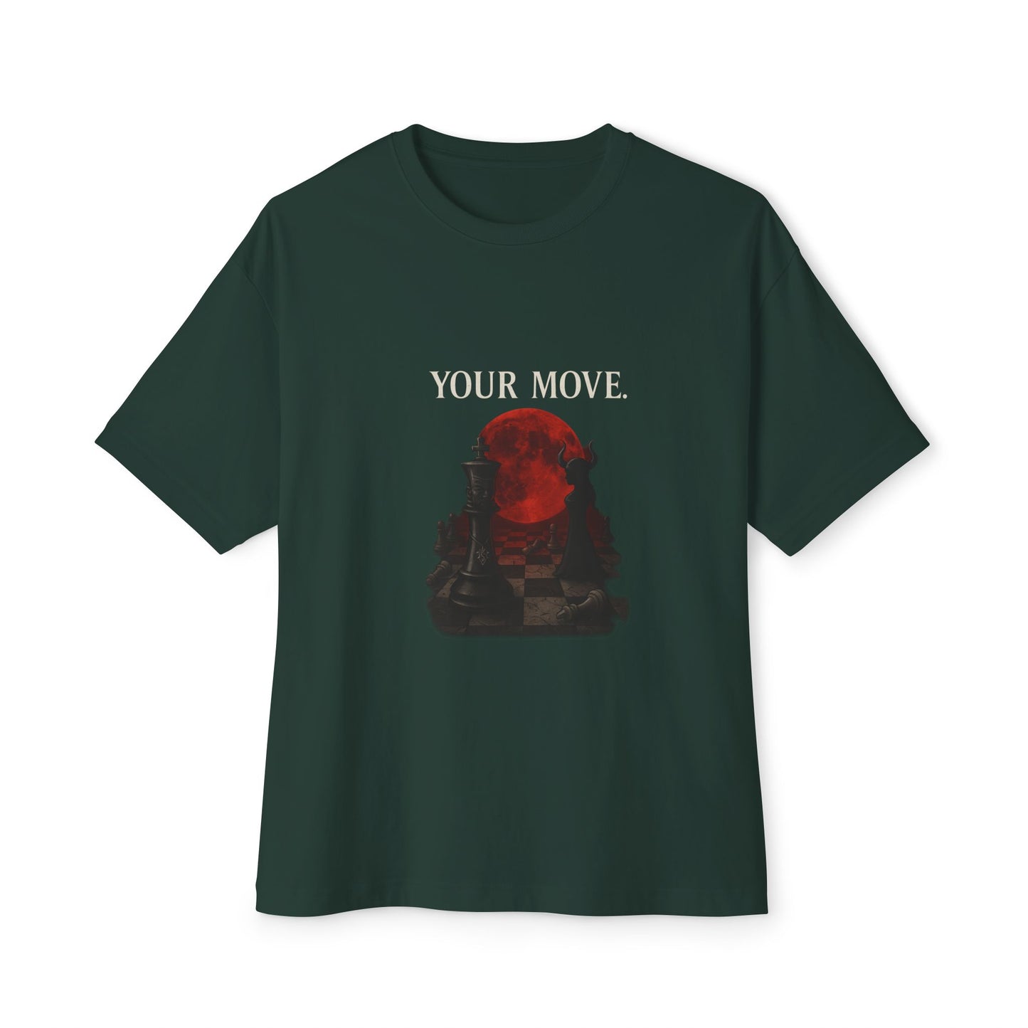 Dark green t-shirt with 'YOUR MOVE' graphic design on a white background