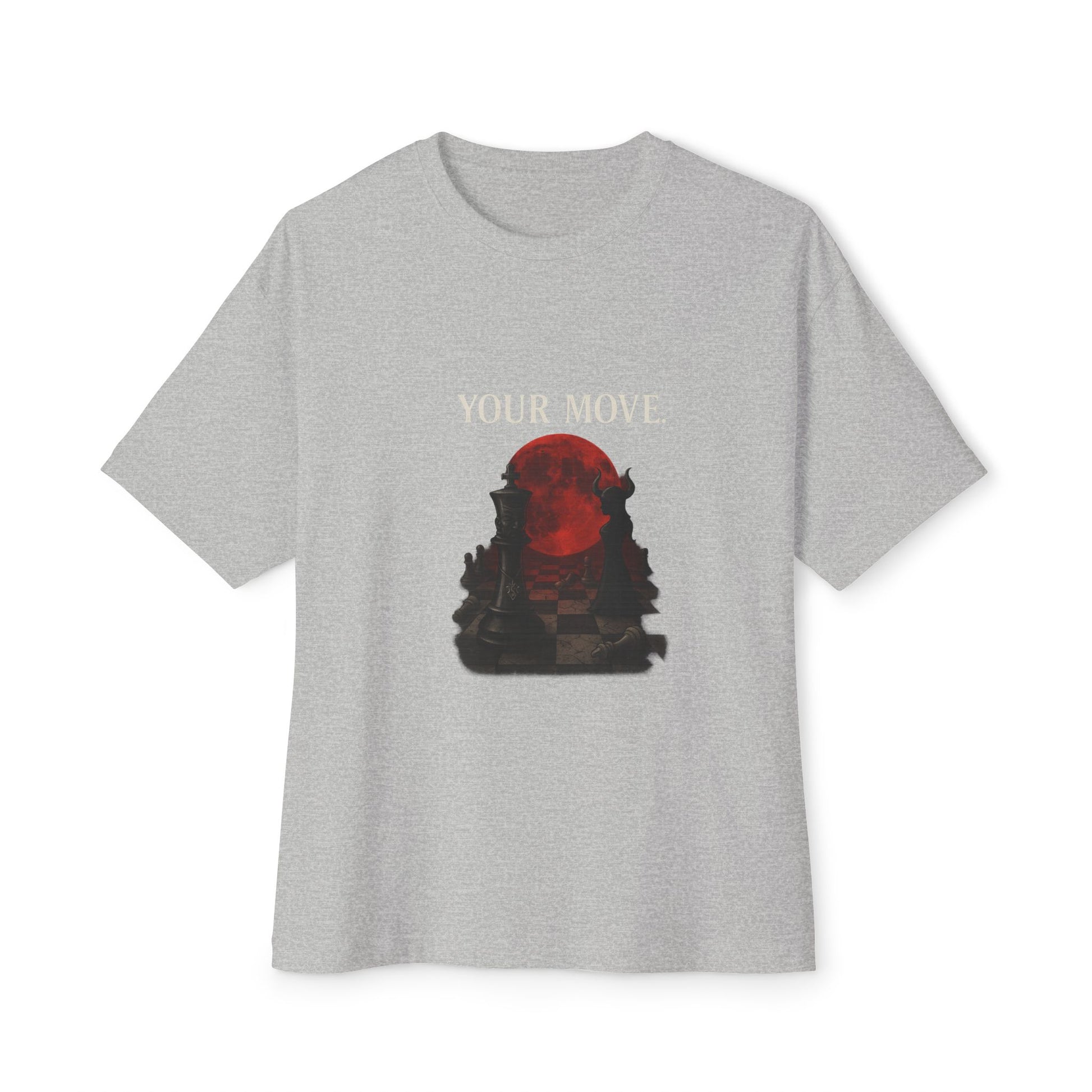 Gray t-shirt with a graphic design and text 'YOUR MOVE' on a white background