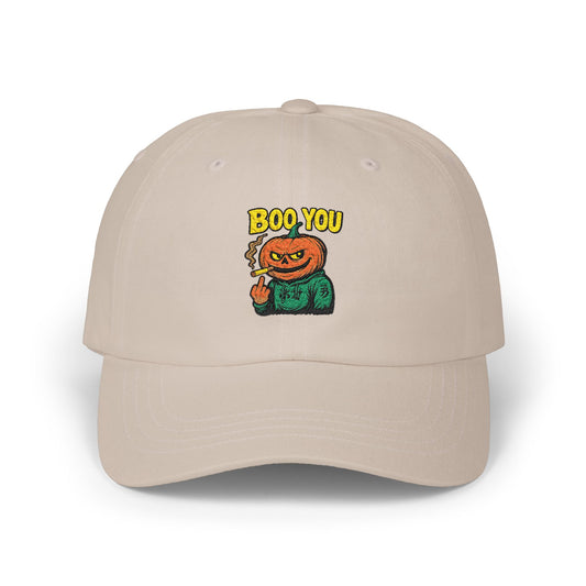Beige cap with a pumpkin design and 'BOO YOU' text on a white background