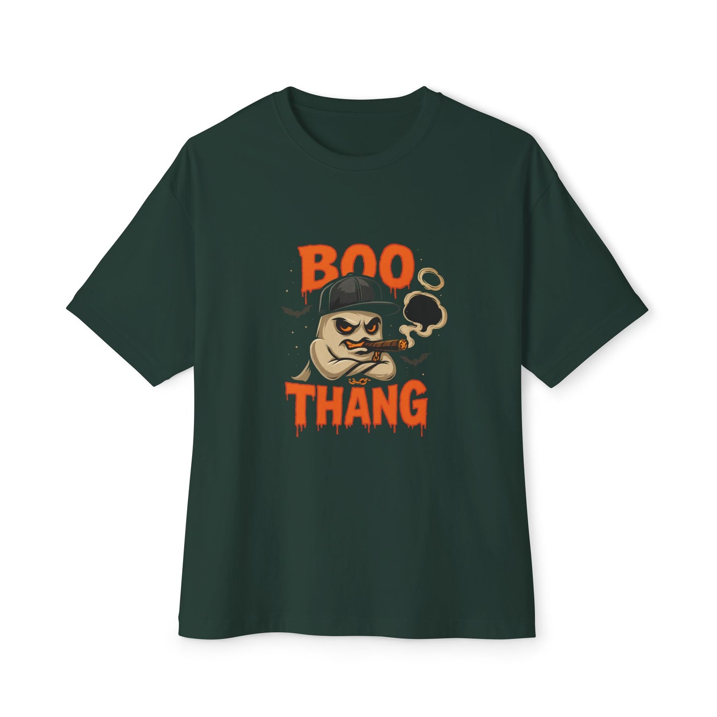 Dark green t-shirt with 'BOO THANG' graphic design on a white background