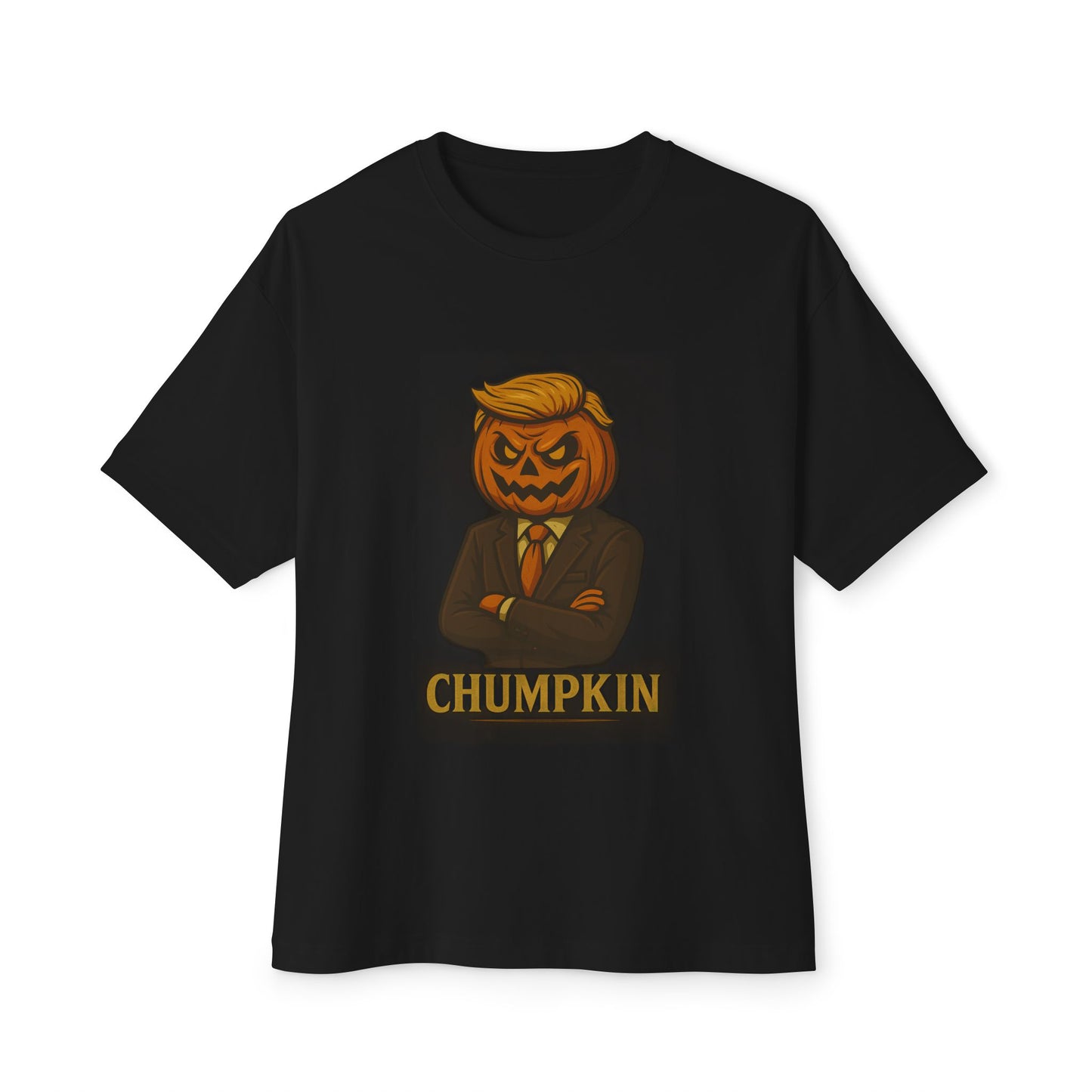 Black t-shirt with a pumpkin head design and 'CHUMPIN' text on a white background