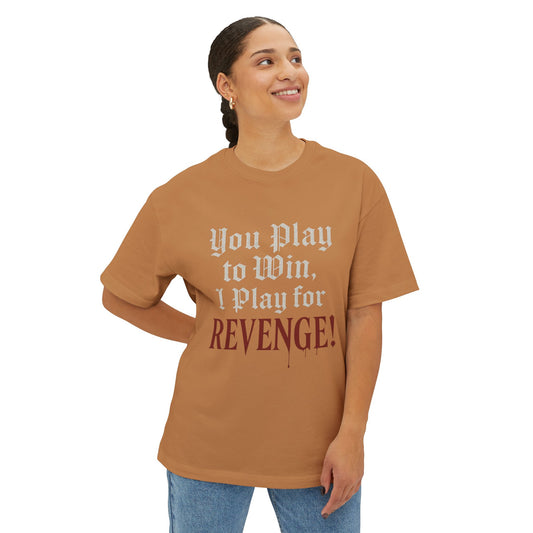 Woman wearing a brown t-shirt with text on a white background