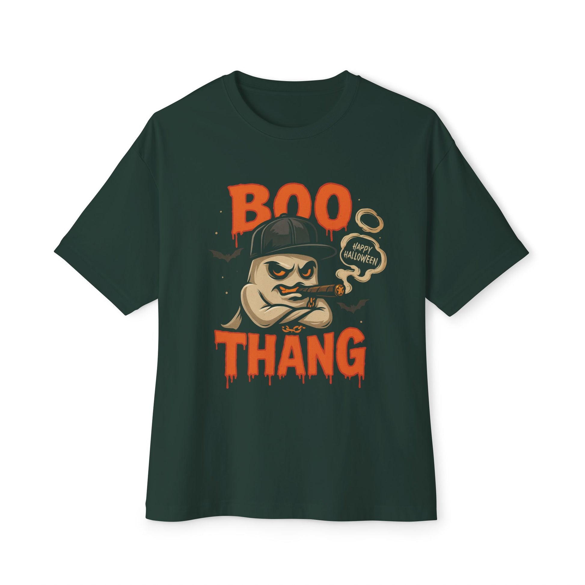 Green t-shirt with a graphic design featuring text and a cartoon character on a white background